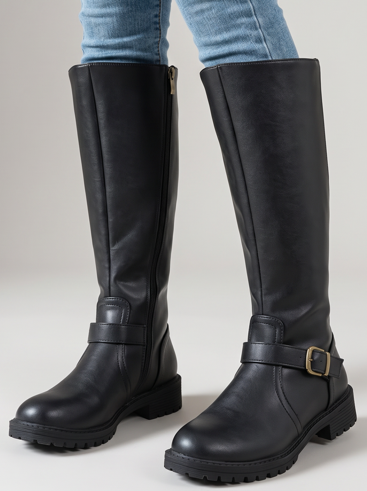Women's Buckle Boots – Retro Black Faux Leather Boots with Comfortable Fit – Covert Club product photo 1