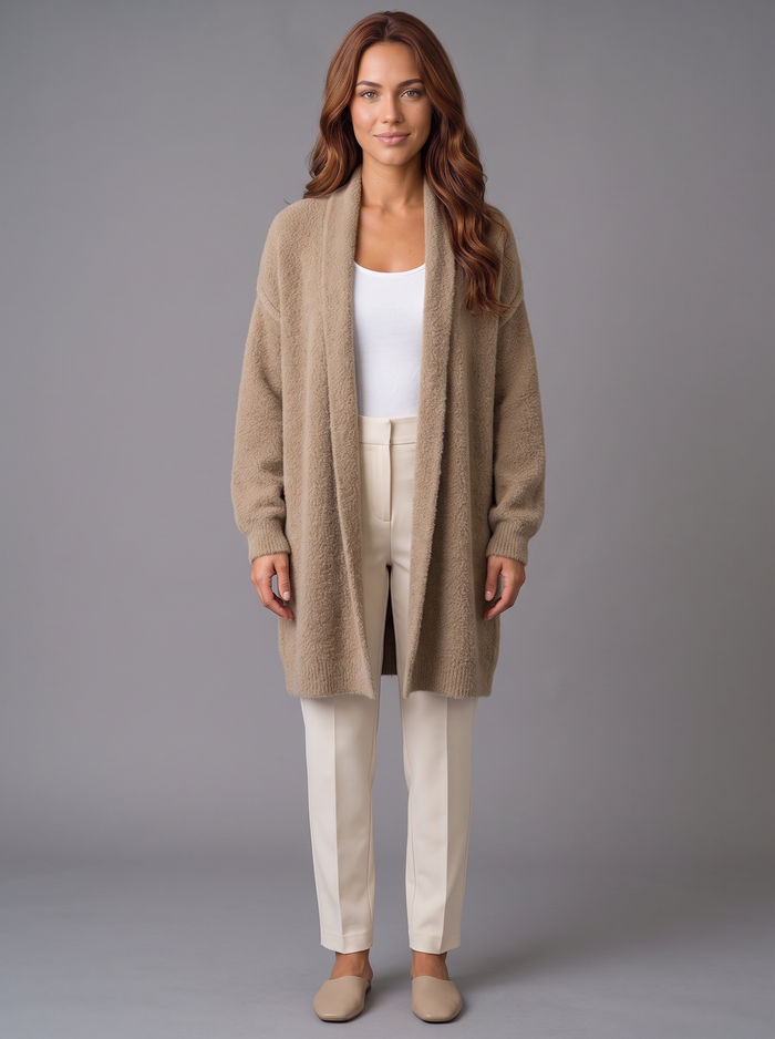 Women's Fluffy Coatigan – Long Open Front Cardigan