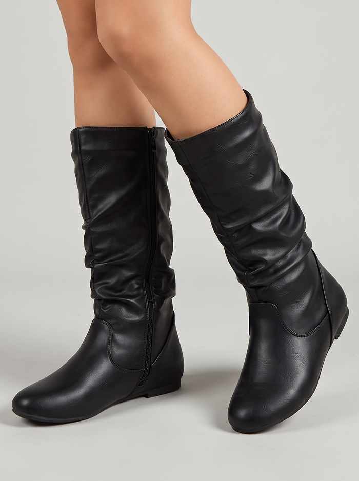 Women's Slouch Boots – Faux Leather Mid-Calf Flat Boots in Black – front view