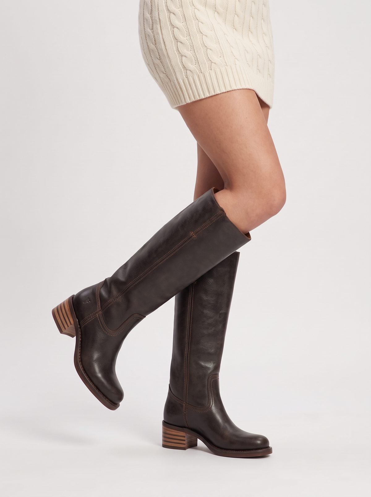 Women's Knee High Boots – Stacked Heel Heeled Boots in Dark Brown