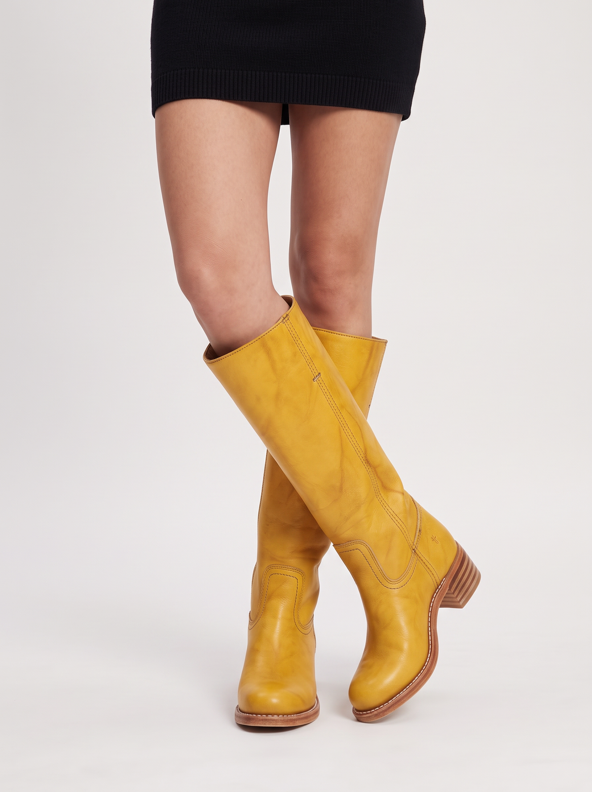 Women's Knee High Boots – Stacked Heel Heeled Boots in Yellow