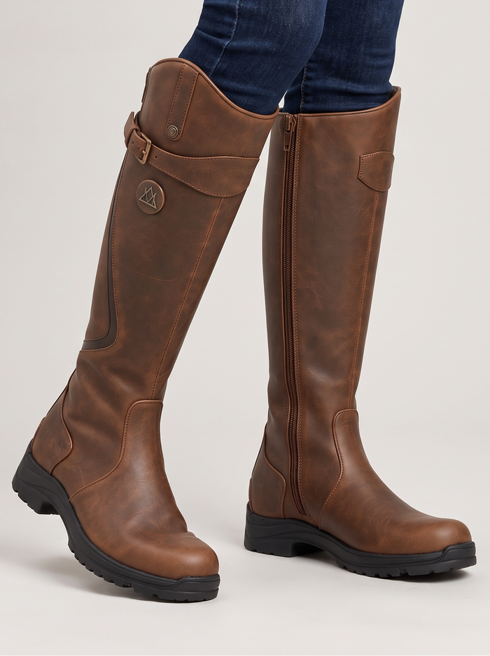 Women's Knee High Boots – Waterproof Lug Sole Boots in Dark Brown – front view