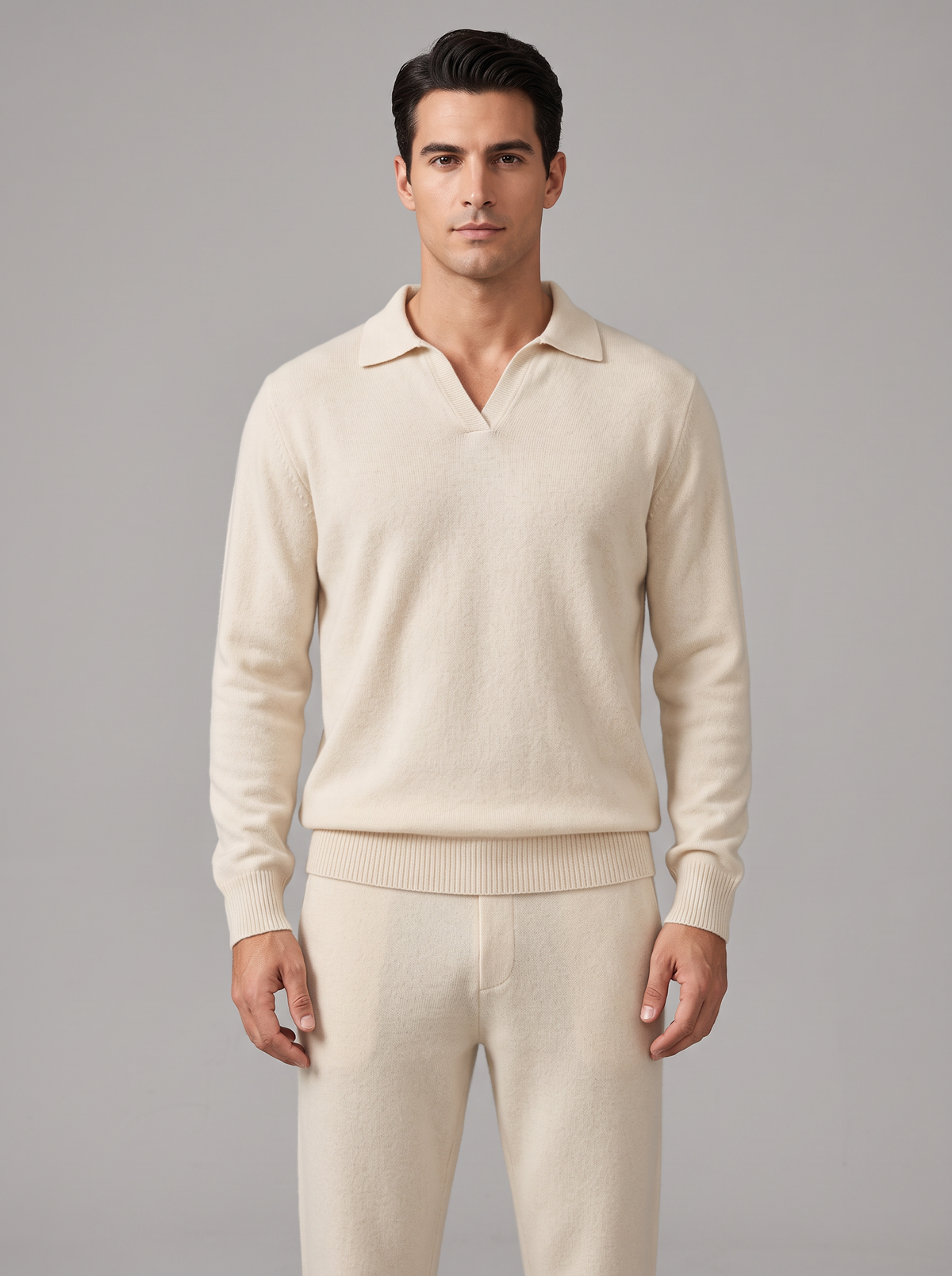 Men's Cashmere Co Ord Set – Knitted Polo Jumper & Trousers in Ivory – front view