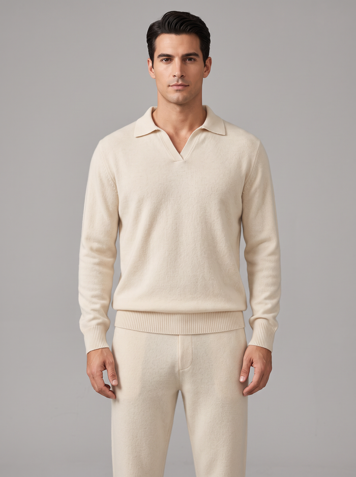 Men's Cashmere Co Ord Set – Knitted Polo Jumper & Trousers in Ivory – front view