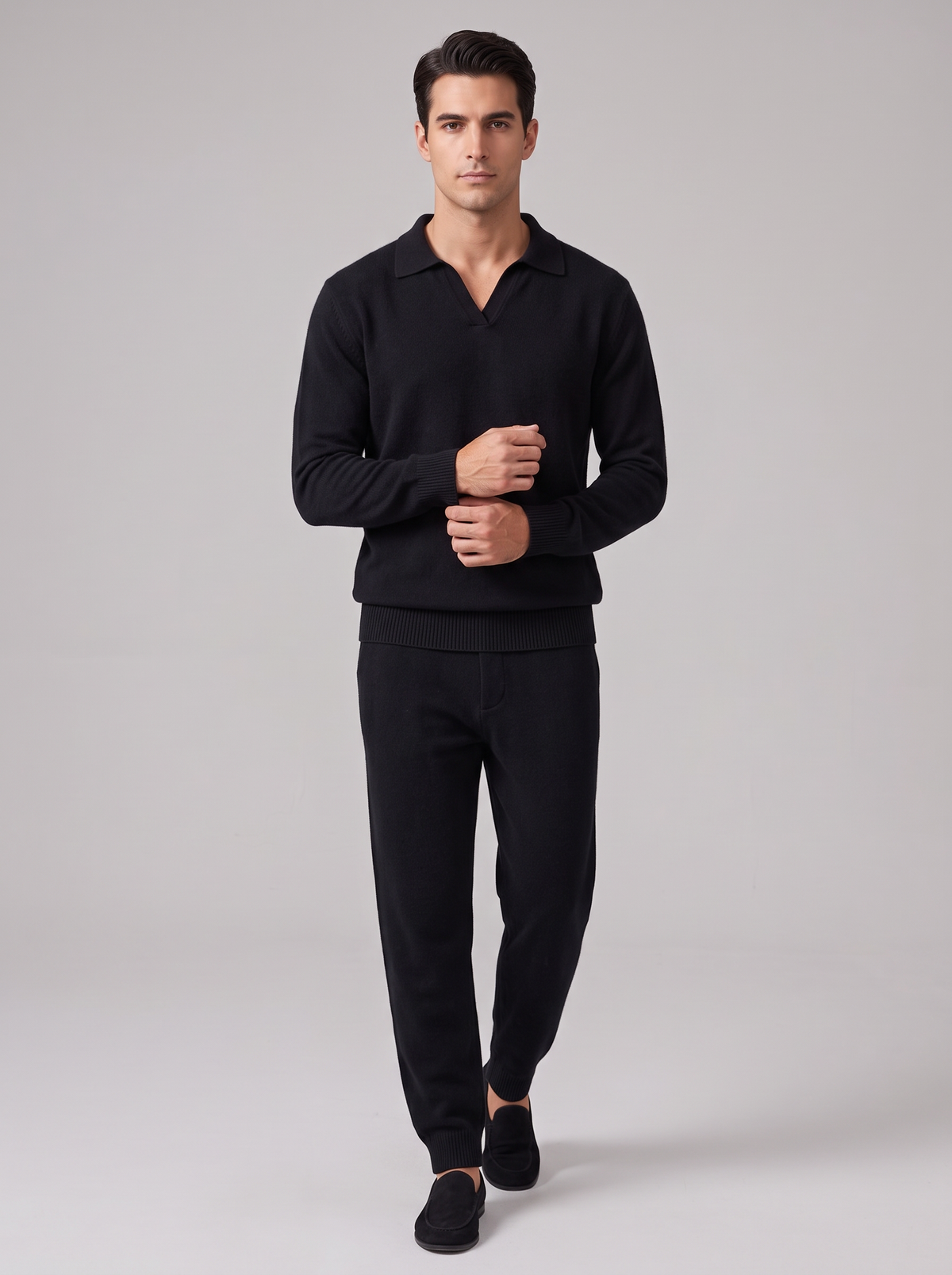Men's Cashmere Co Ord Set – Knitted Polo Jumper & Trousers in Black