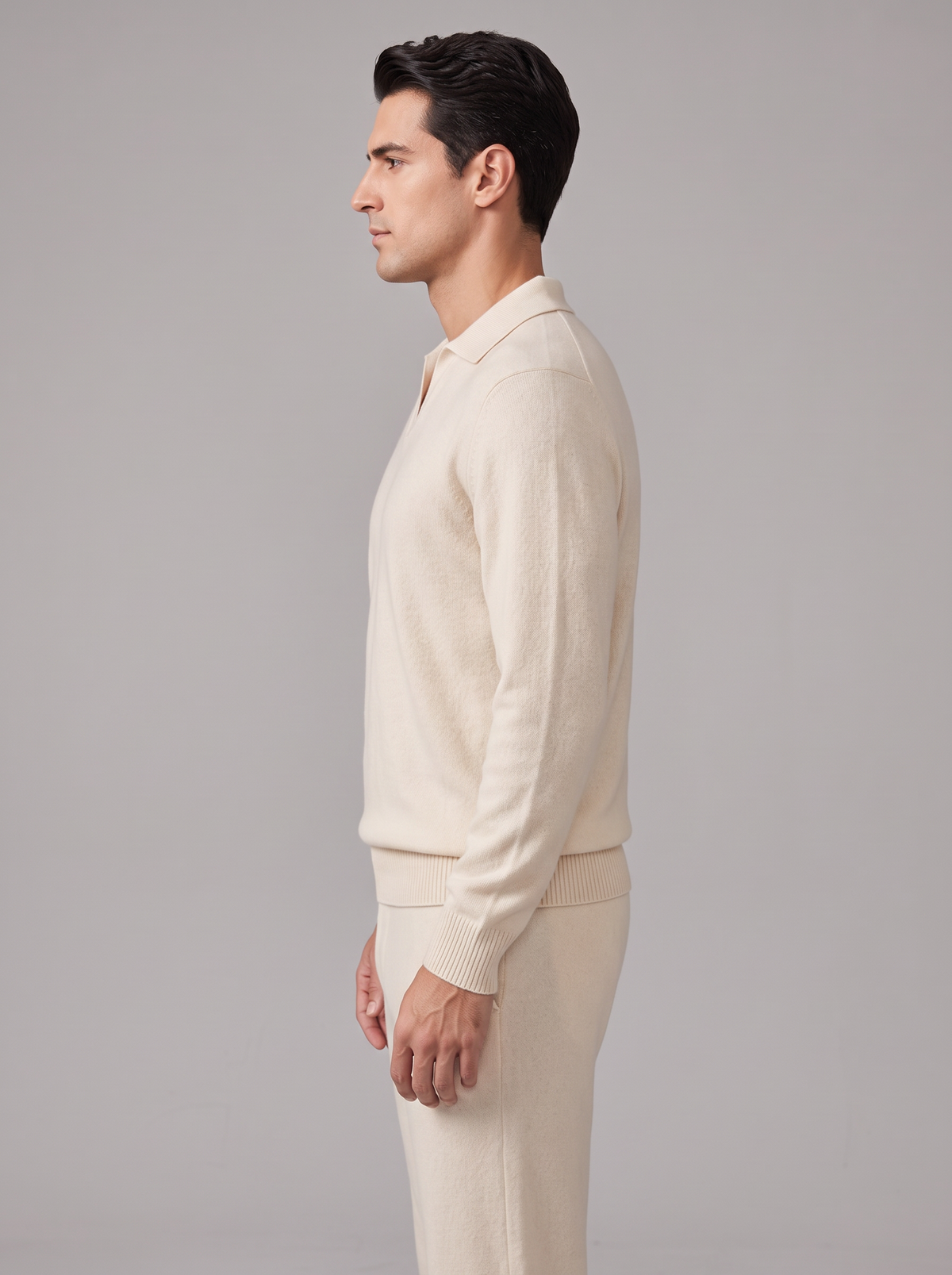 Men's Cashmere Co Ord Set – Knitted Polo Jumper & Trousers in Ivory – side view