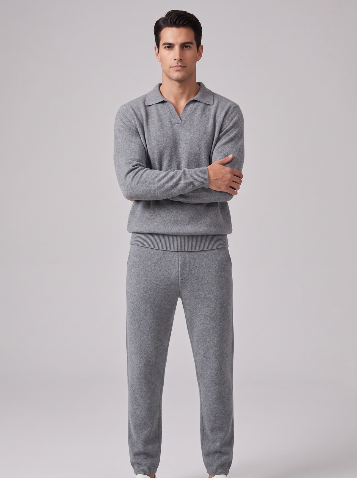 Men's Cashmere Co Ord Set – Knitted Polo Jumper & Trousers in Slate