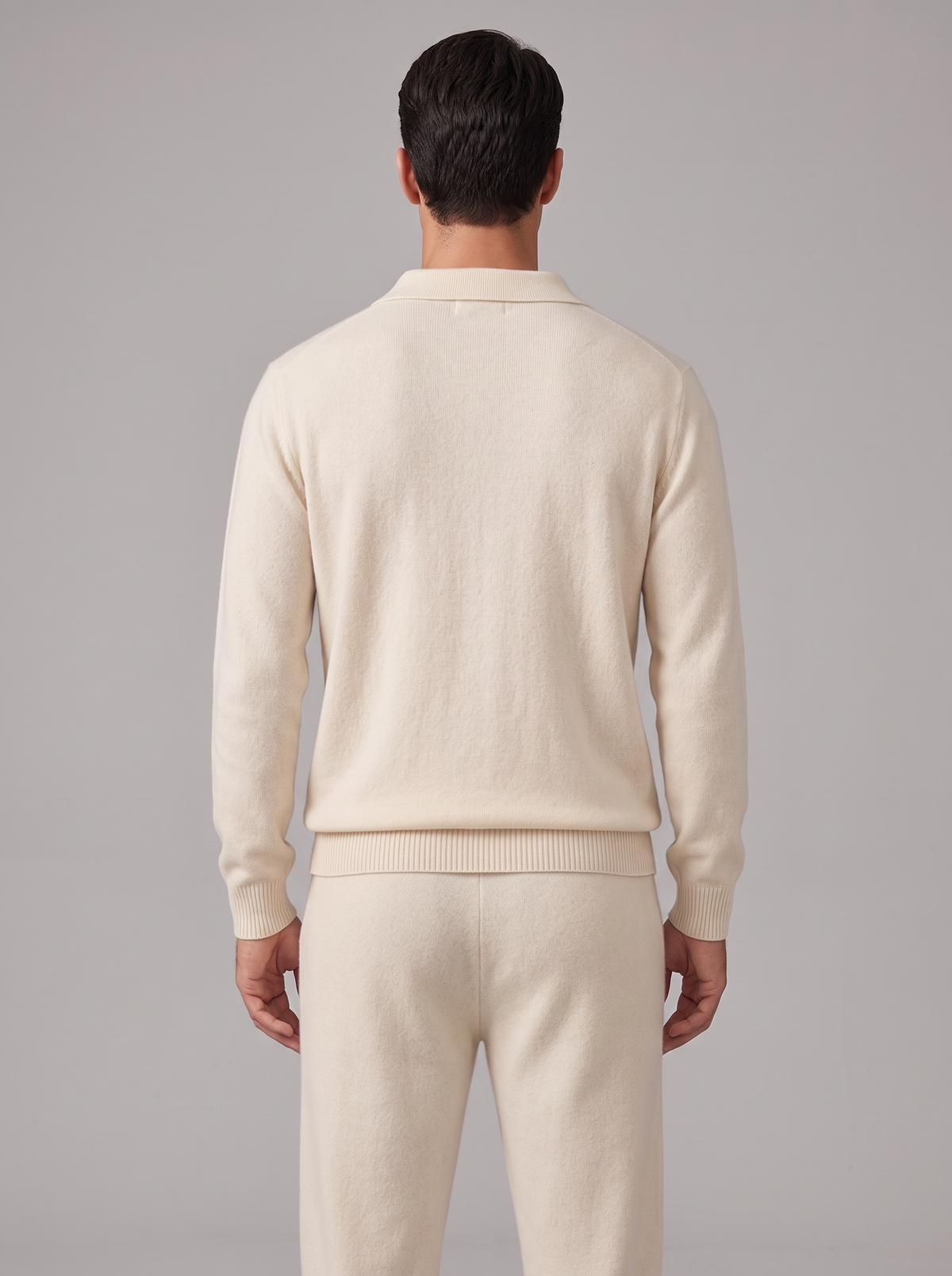 Men's Cashmere Co Ord Set – Knitted Polo Jumper & Trousers in Ivory – back view