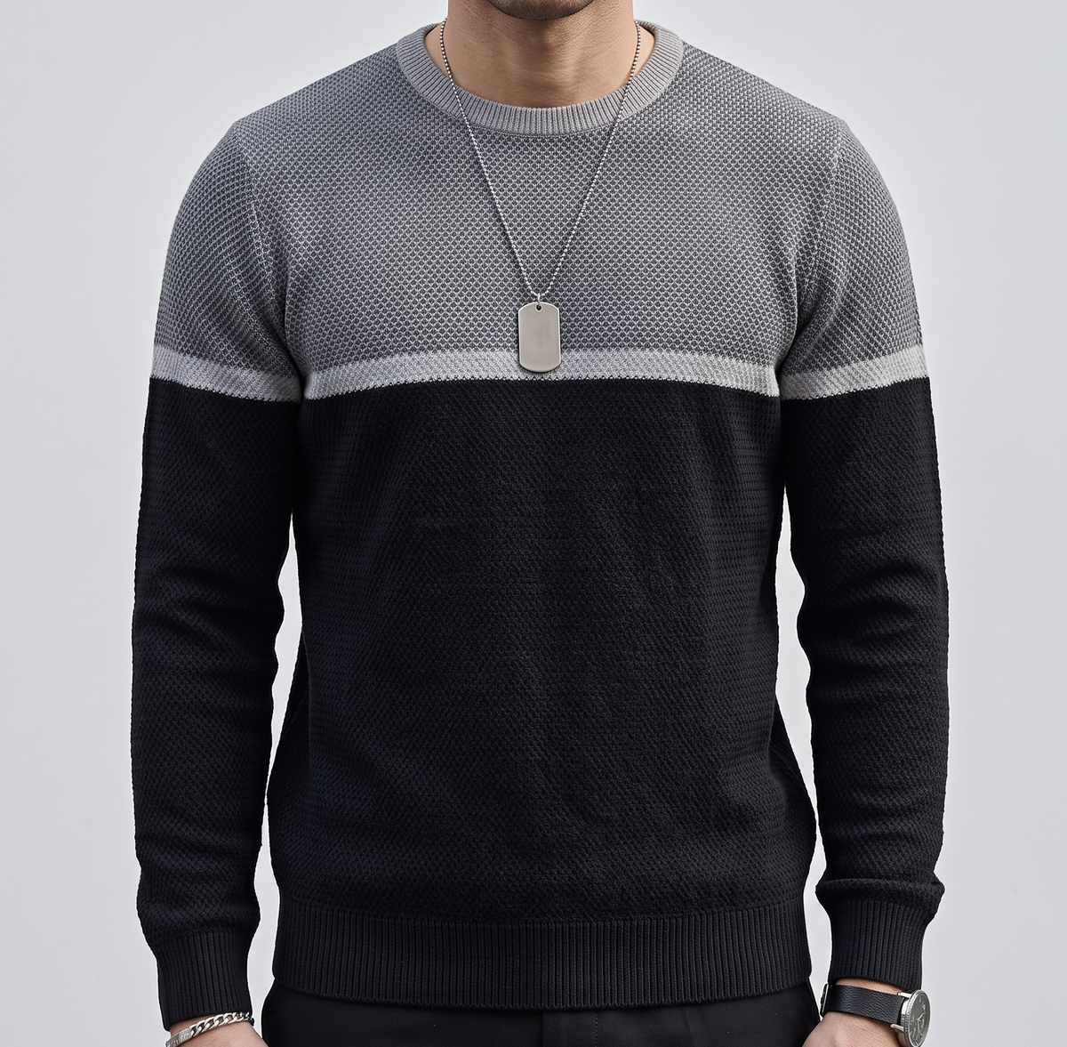 Men's Jumper – Two-Tone Colour Block Knit Sweater in Grey & Black – front view