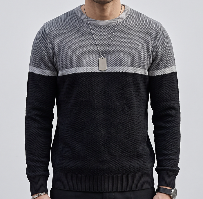 Men's Jumper – Two-Tone Colour Block Knit Sweater in Grey & Black – front view