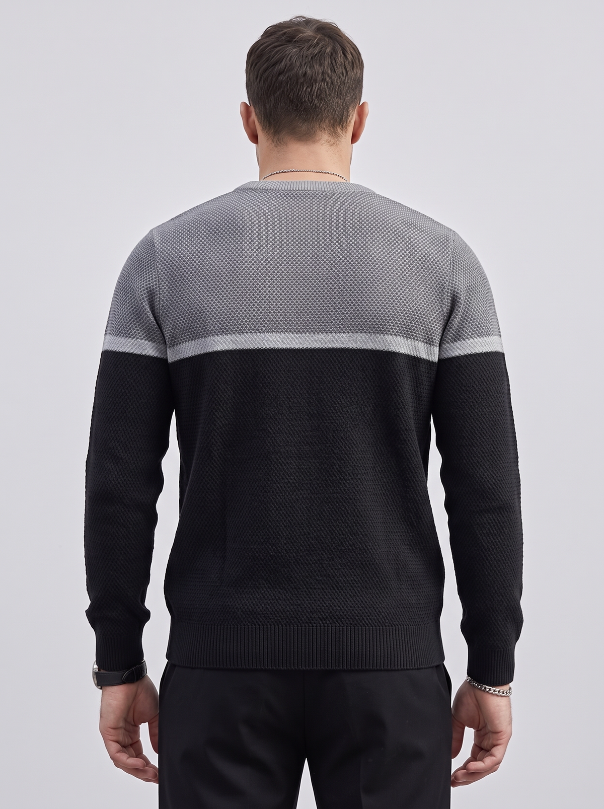 Men's Jumper – Two-Tone Colour Block Knit Sweater in Grey & Black – back view