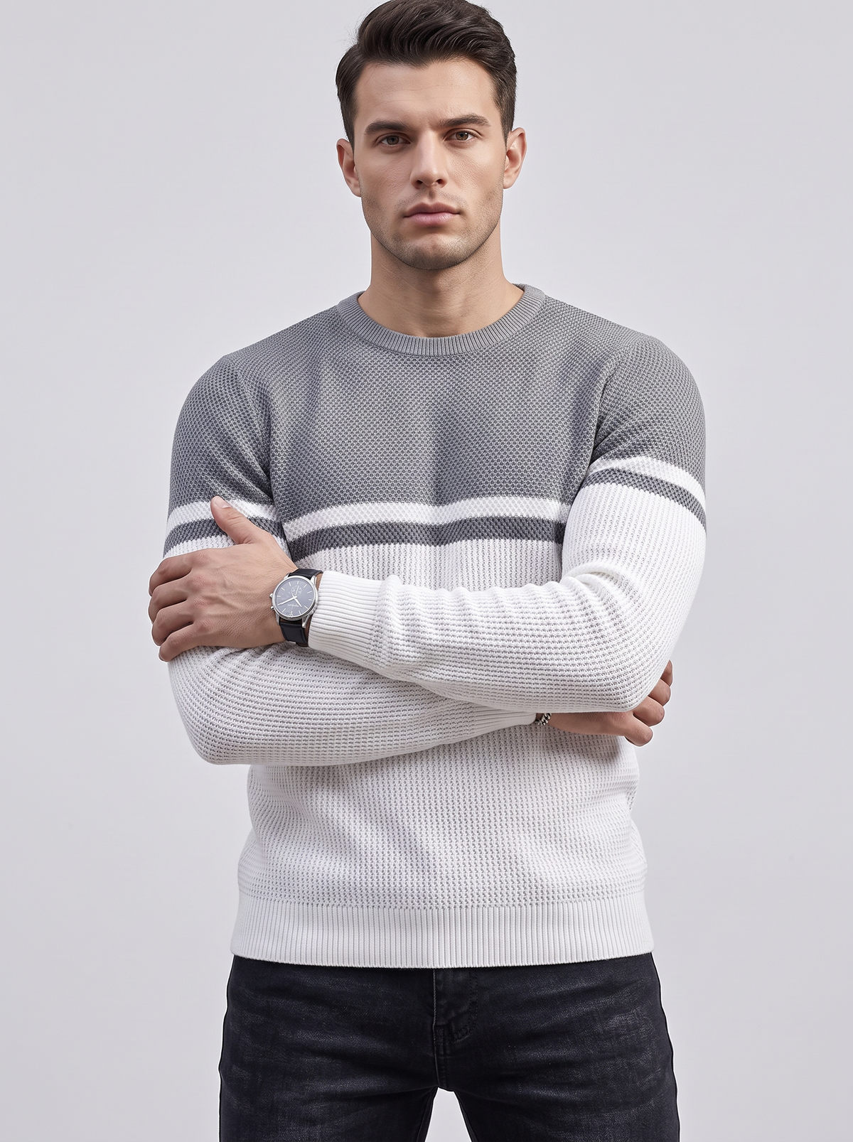 Men's Jumper – Two-Tone Colour Block Knit Sweater in Grey & White