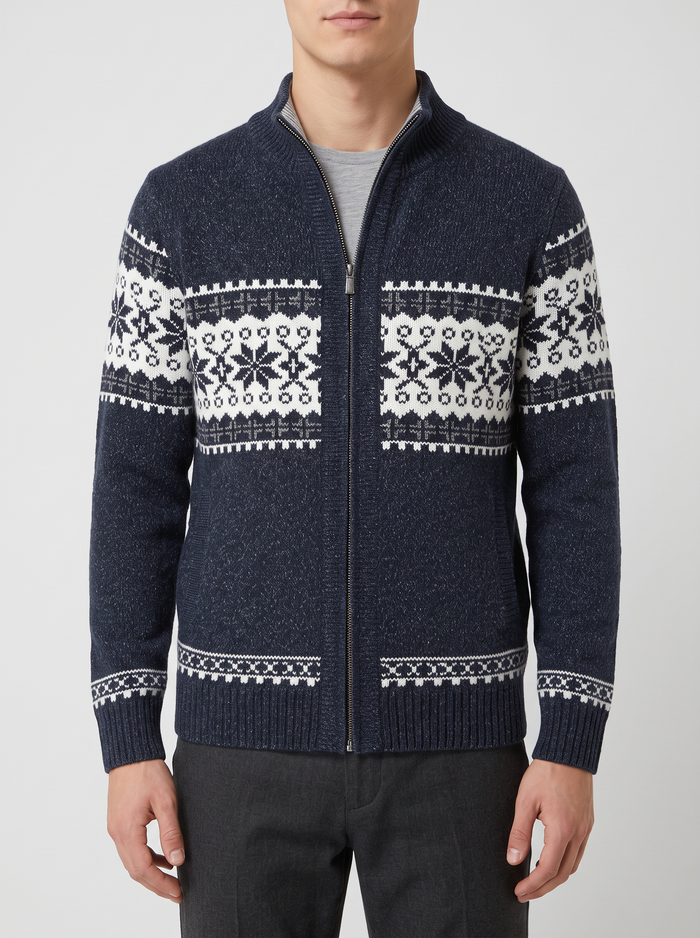 Men's Winter Jacket – Wool Blend Knitted Jacket in Blue – front view