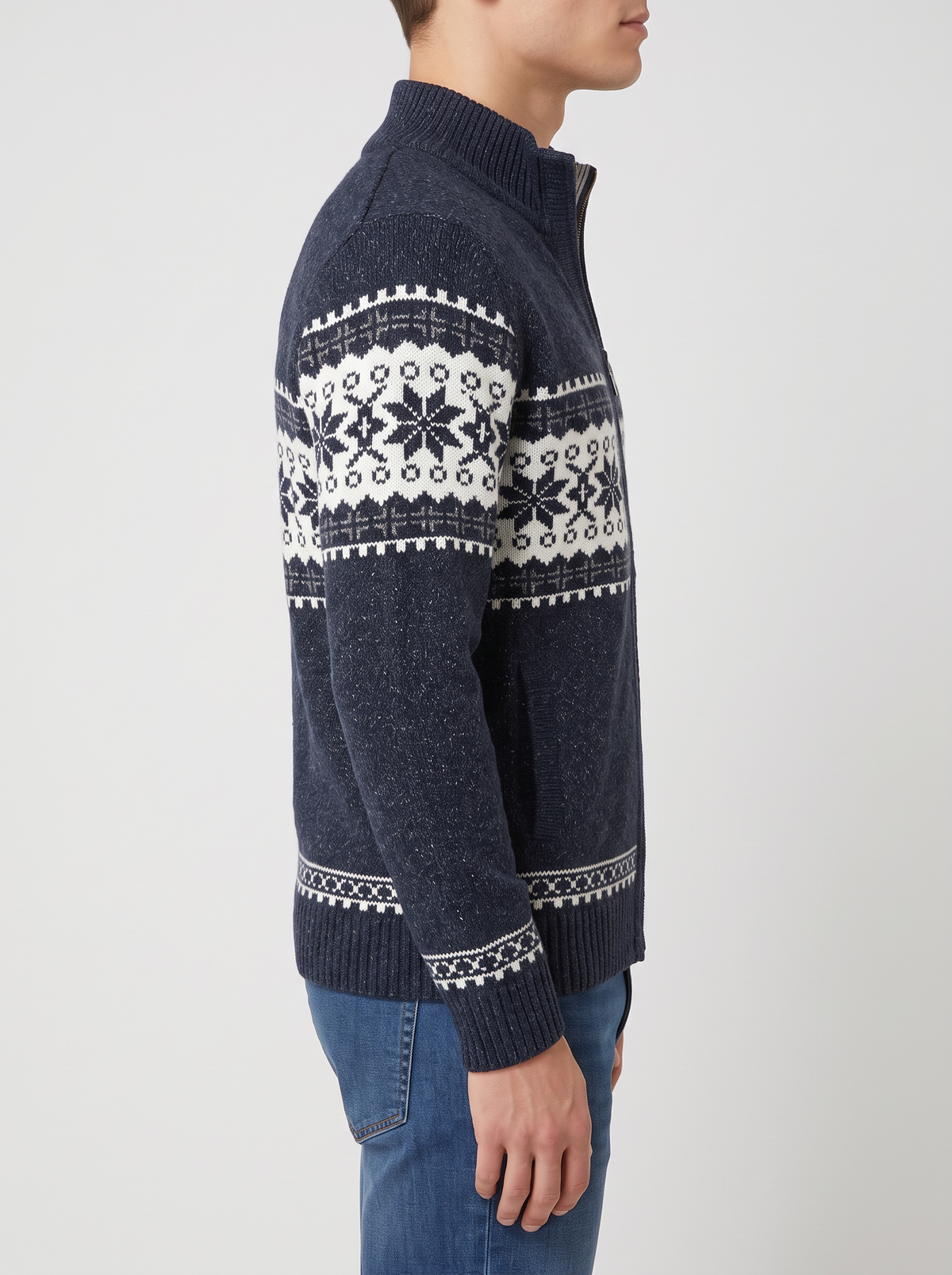 Men's Winter Jacket – Wool Blend Knitted Jacket in Blue – side view