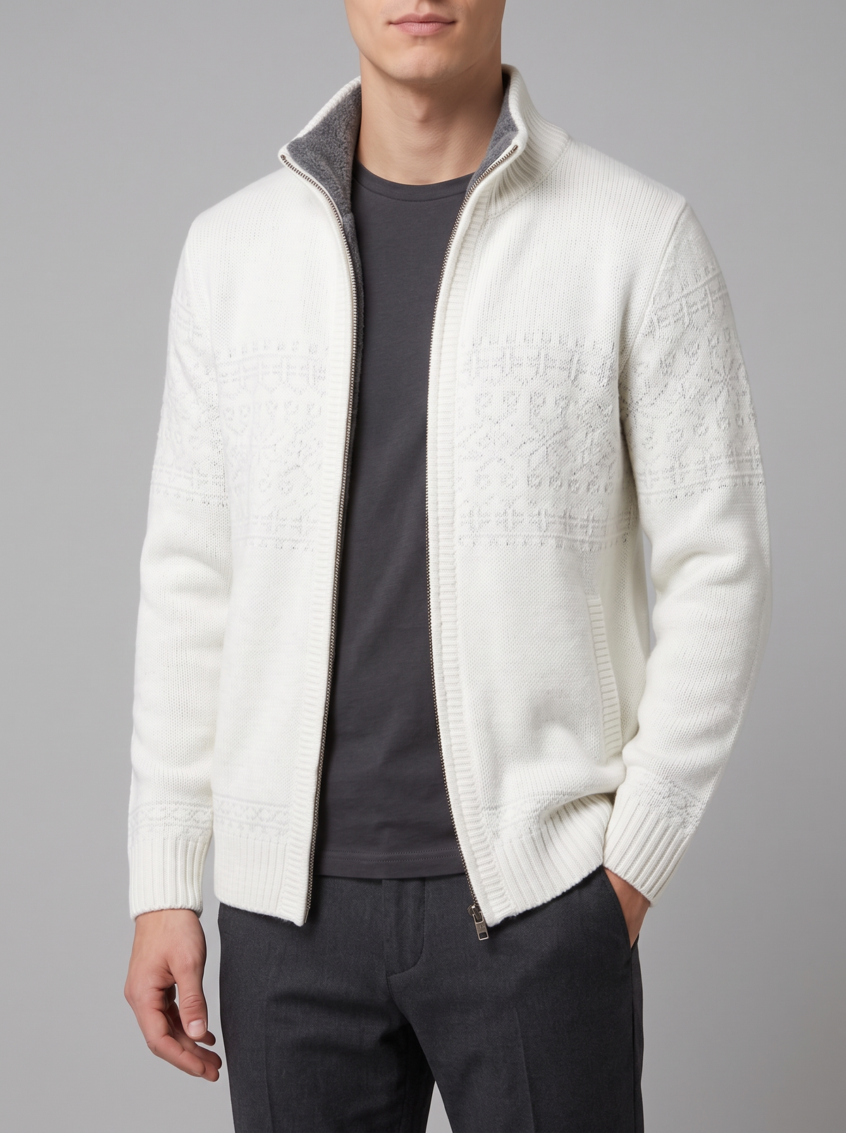 Men's Winter Jacket – Wool Blend Knitted Jacket in White