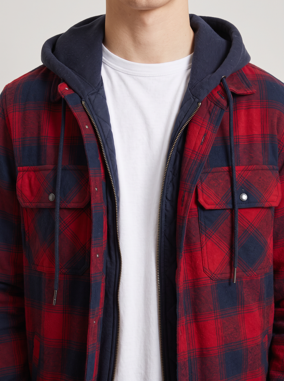 Men's Bomber Jacket with Hood – Fleece Lined Quilted Winter Jacket in Red – close-up of hood and closure