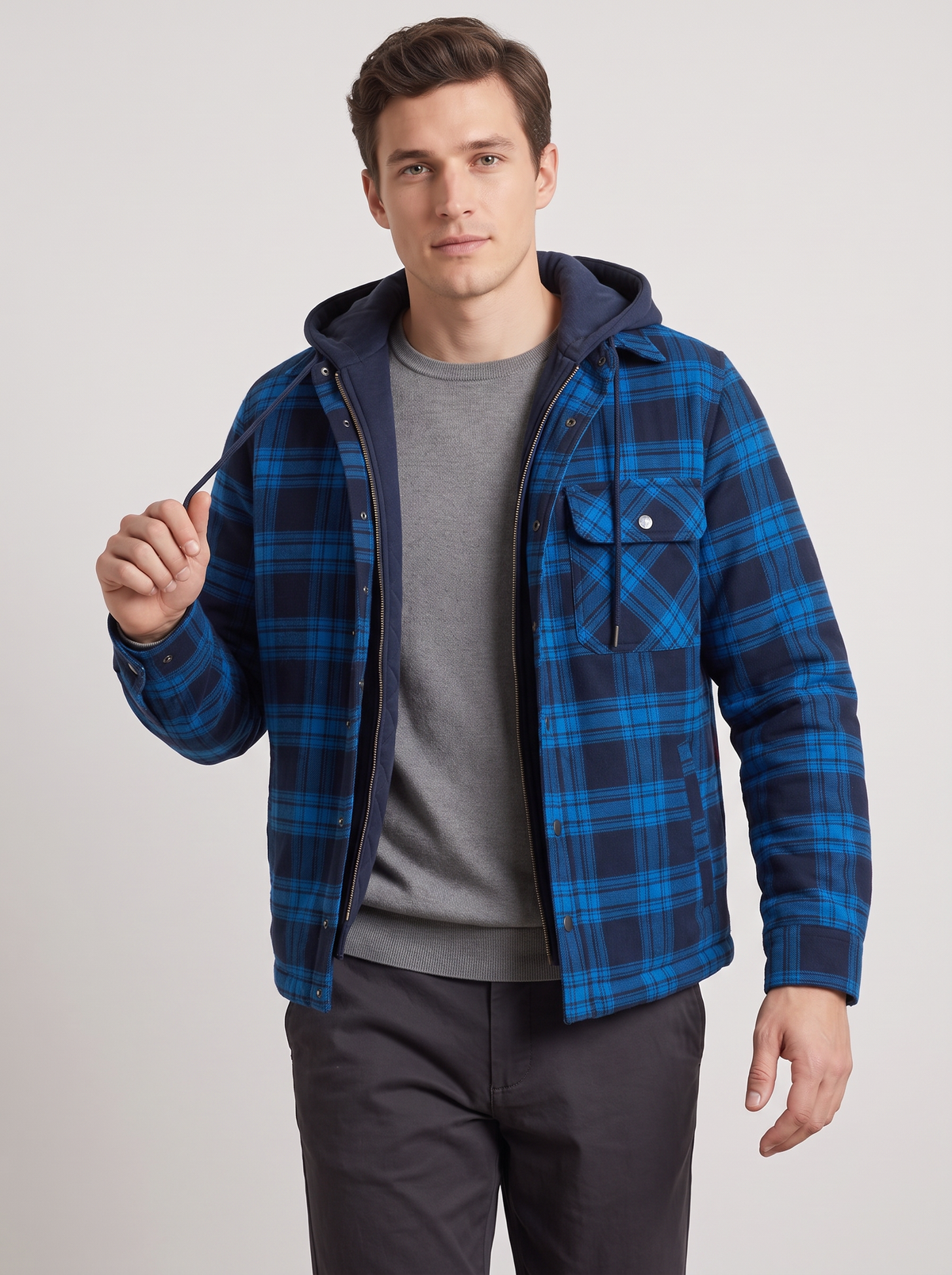 Men's Bomber Jacket with Hood – Fleece Lined Quilted Winter Jacket in Blue