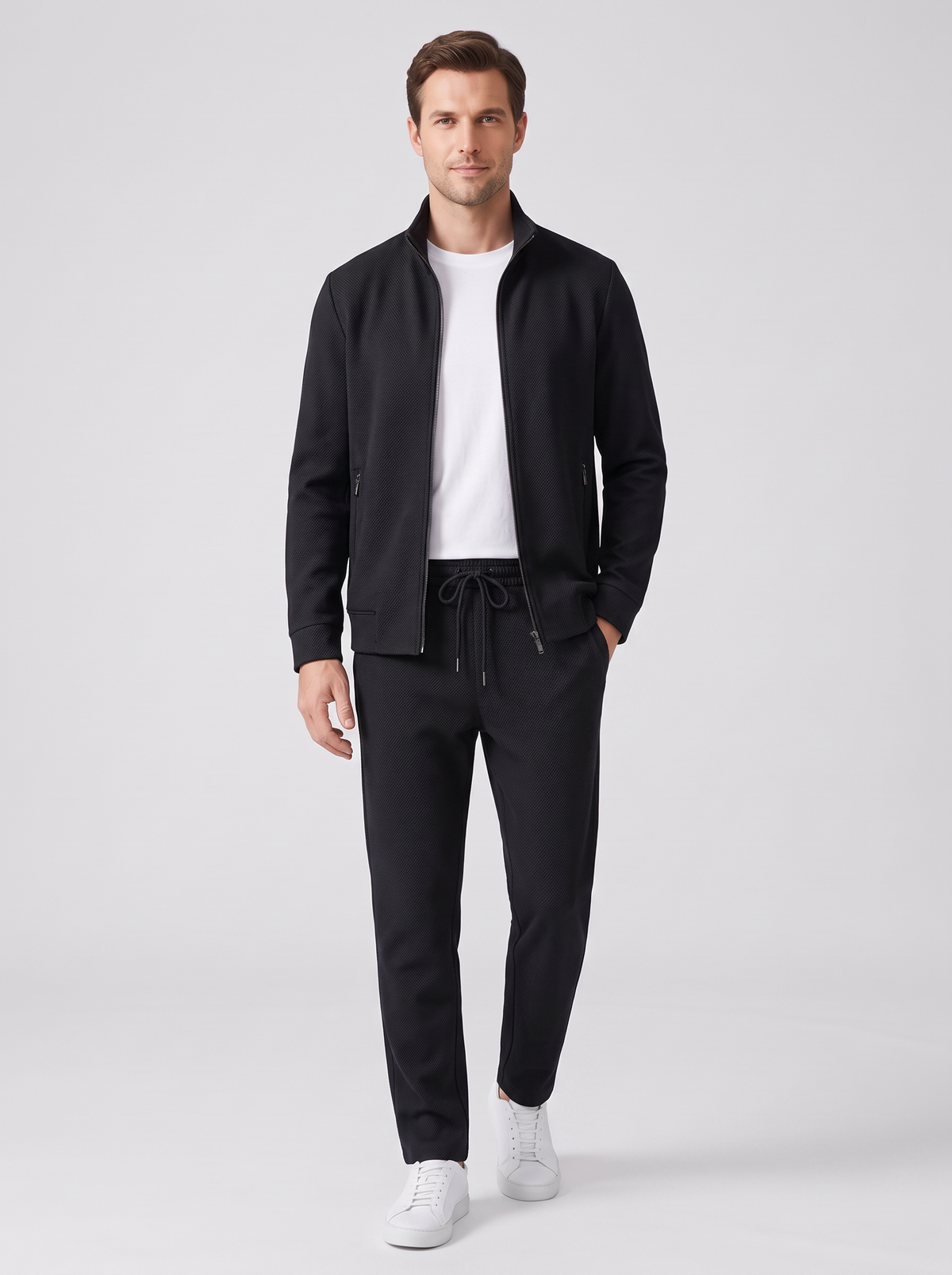 Men's Two Piece Set – Stretch Cotton Blend Co Ord Top & Trousers in Black