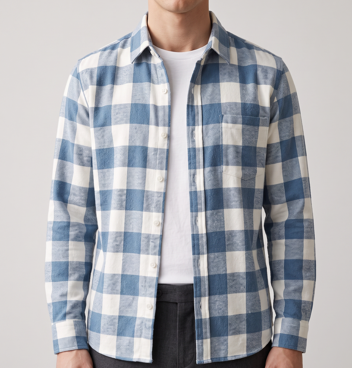Men's Brushed Cotton Check Shirt in Blue & White – front view