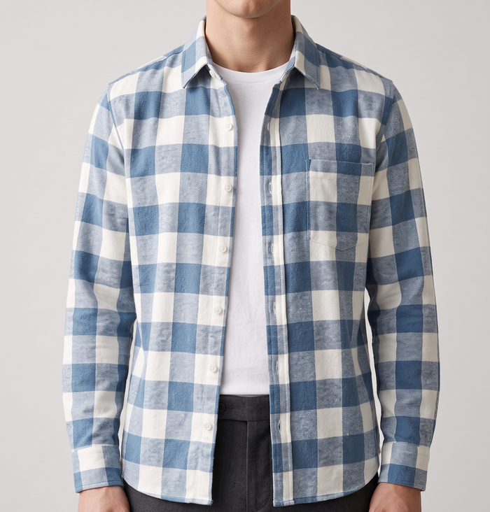 Men's Brushed Cotton Check Shirt in Blue & White – front view