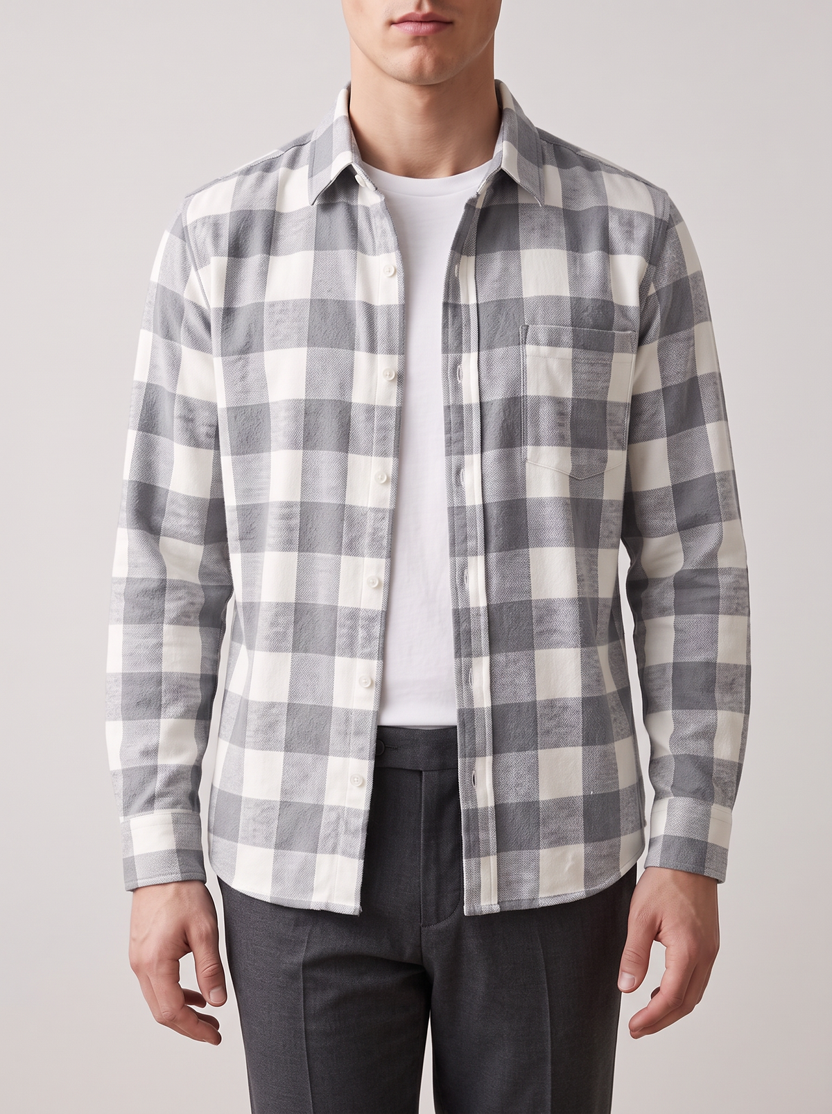 Men's Brushed Cotton Check Shirt in Grey & White