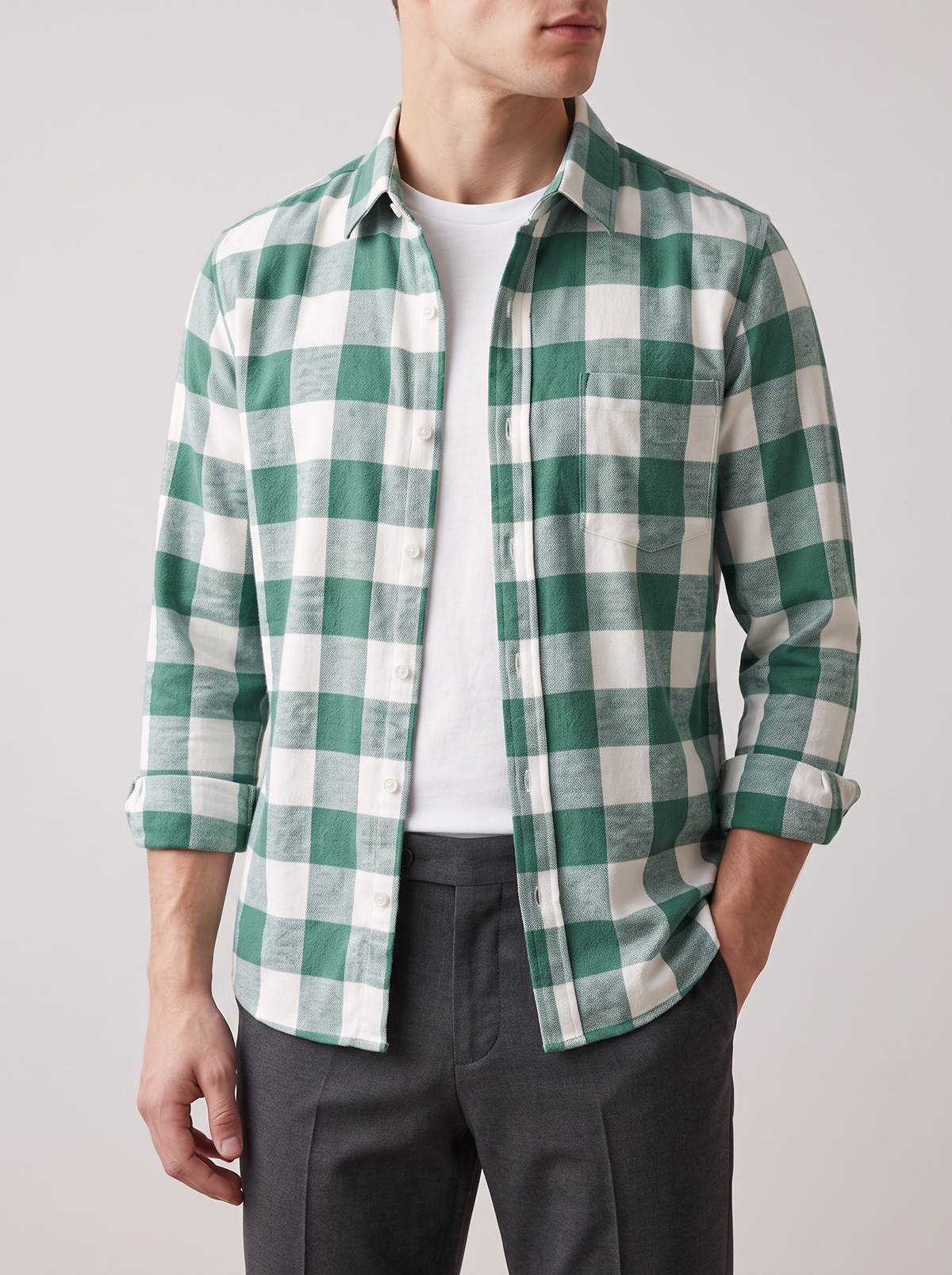 Men's Brushed Cotton Check Shirt in Green & White