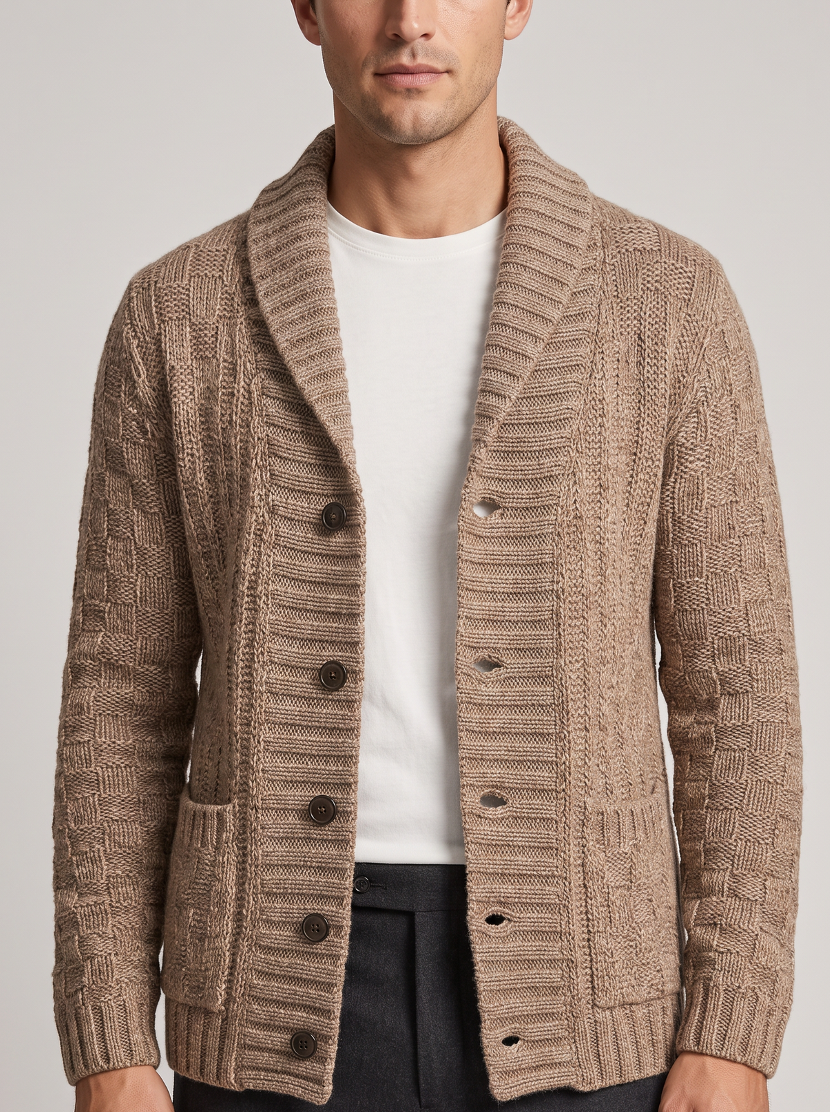 Men's Knit Cardigan Jacket with Lapel Collar in Brown – front view
