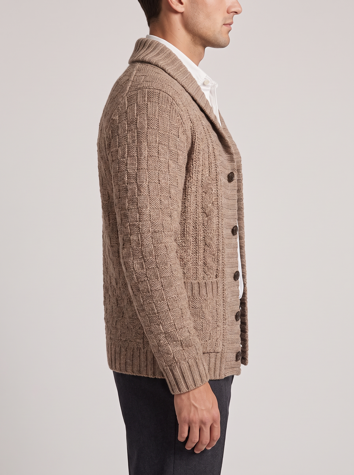 Men's Knit Cardigan Jacket with Lapel Collar in Brown – side view