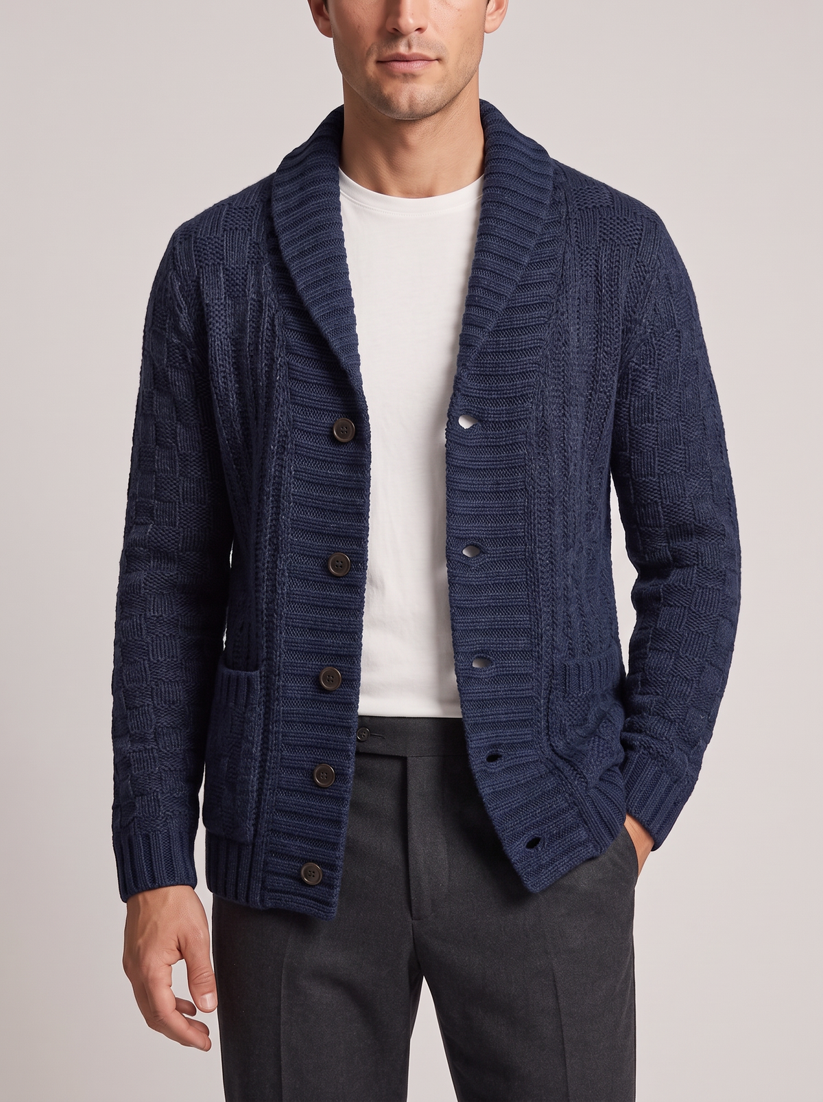 Men's Knit Cardigan Jacket with Lapel Collar in Navy