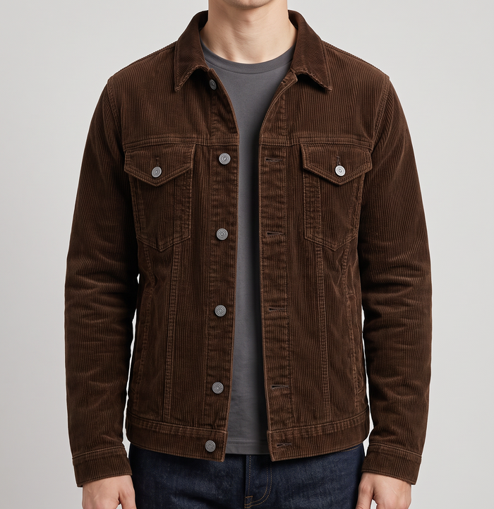 Men's Corduroy Work Jacket with Lapel Collar in Brown – front view