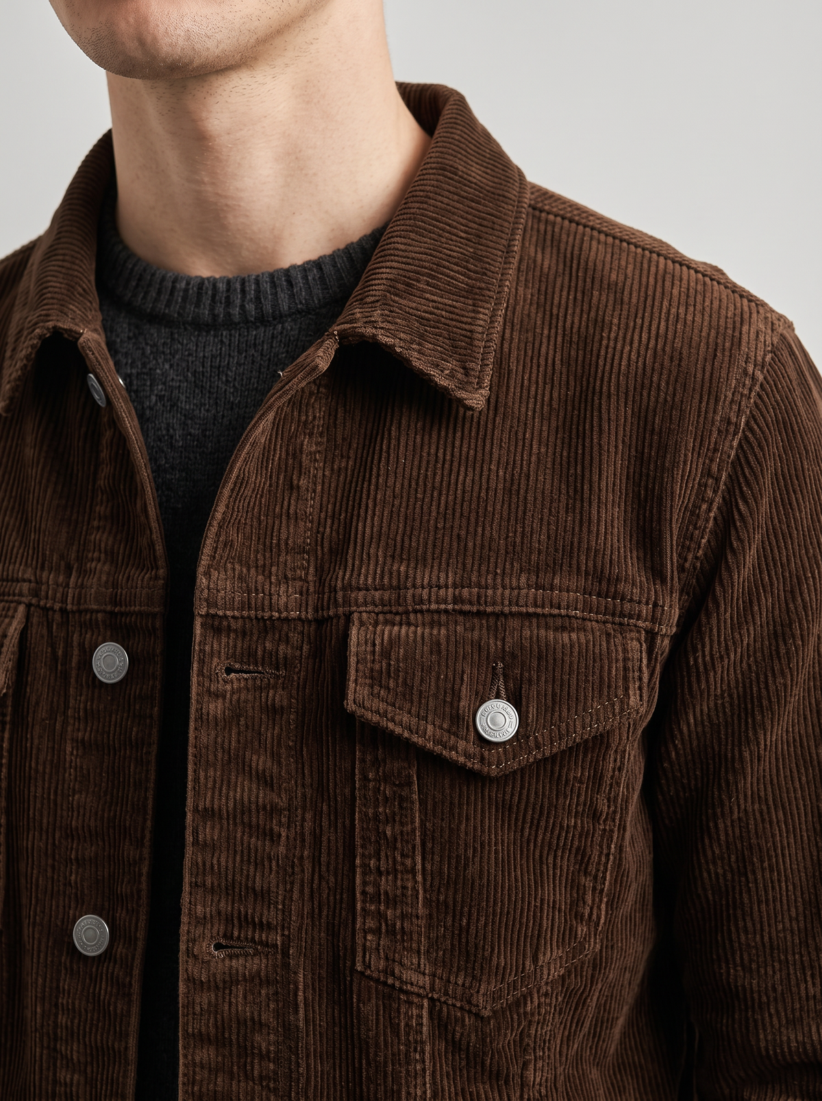 Men's Corduroy Work Jacket with Lapel Collar in Brown – corduroy and pocket close-up