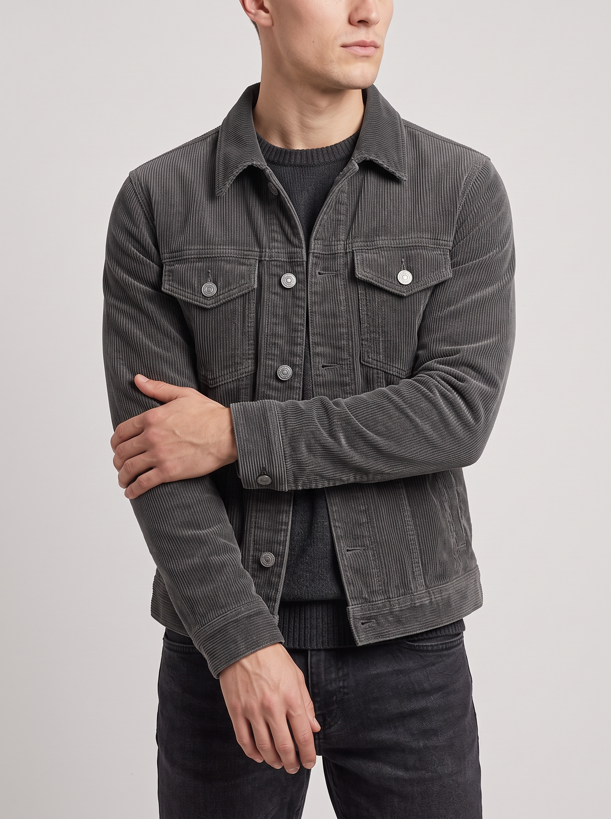 Men's Corduroy Work Jacket with Lapel Collar in Grey