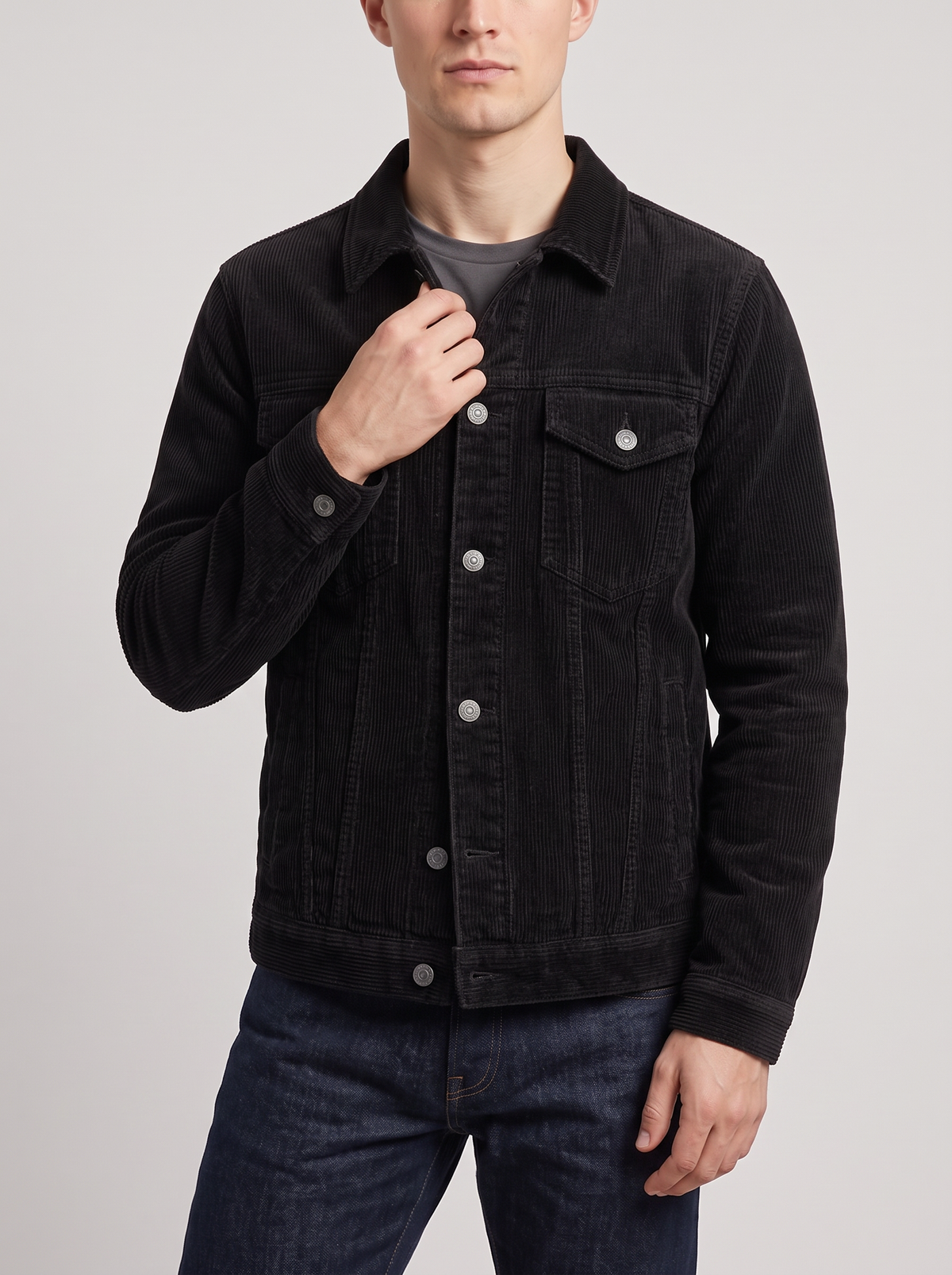 Men's Corduroy Work Jacket with Lapel Collar in Black