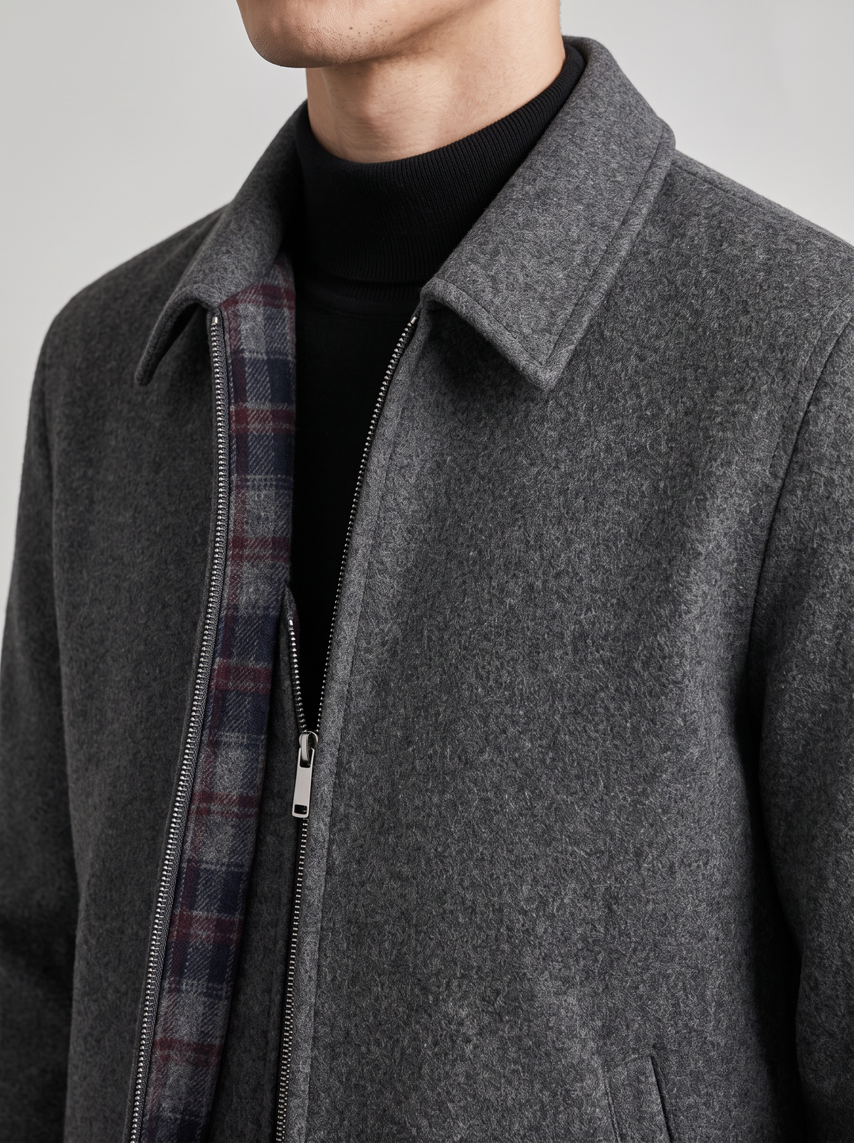 Men's Wool Blend Jacket – Plaid Lined Winter Jacket in Grey – close-up of plaid lining