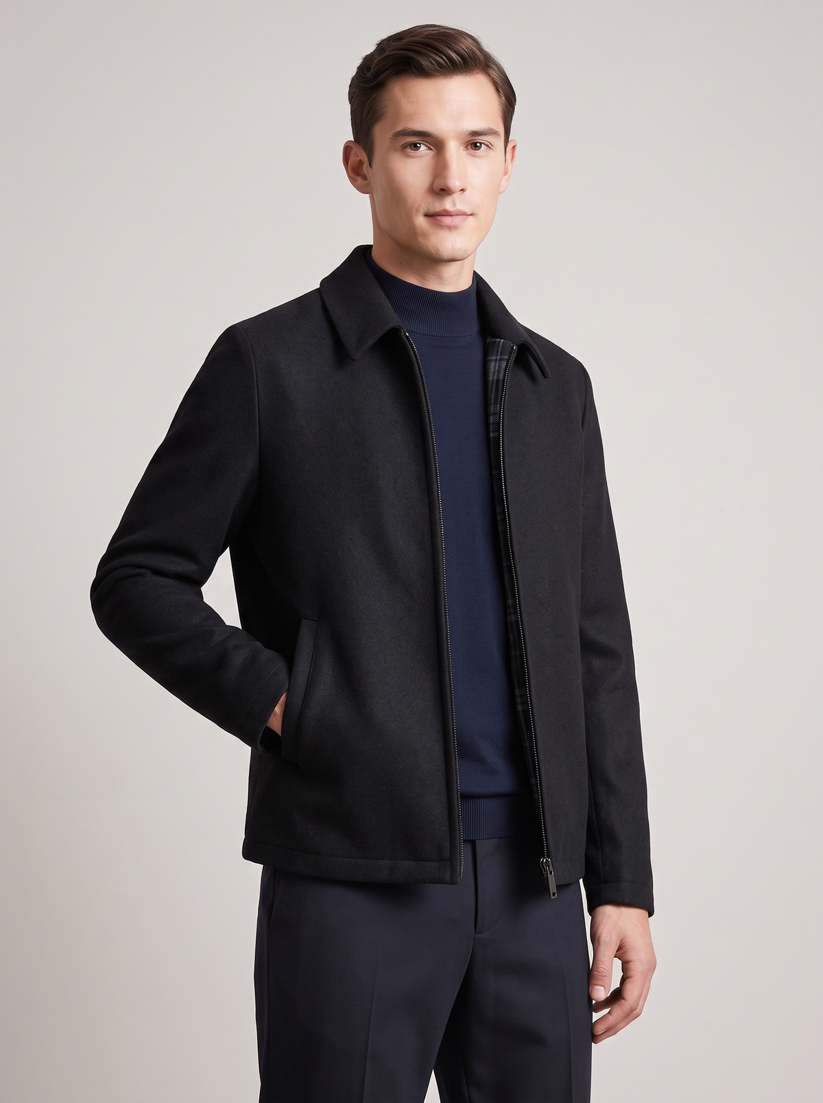 Men's Wool Blend Jacket – Plaid Lined Winter Jacket in Black