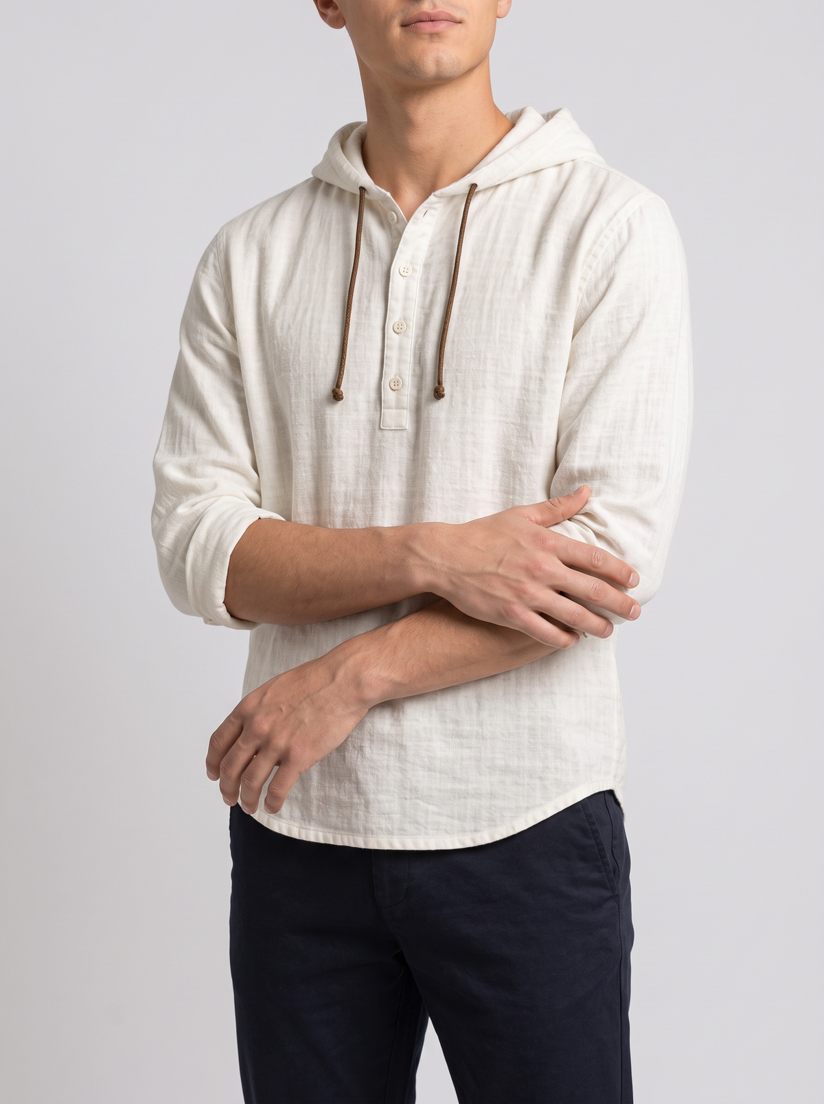 Men's Linen Blend Hooded Henley Shirt – Long Sleeve