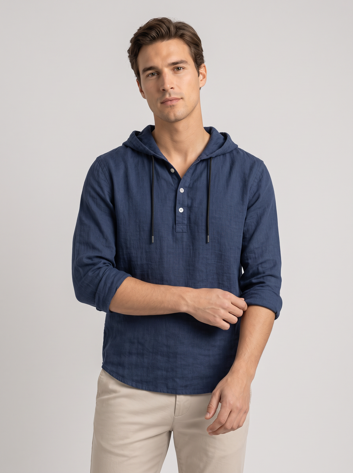 Men's Linen Blend Hooded Henley Shirt – Long Sleeve