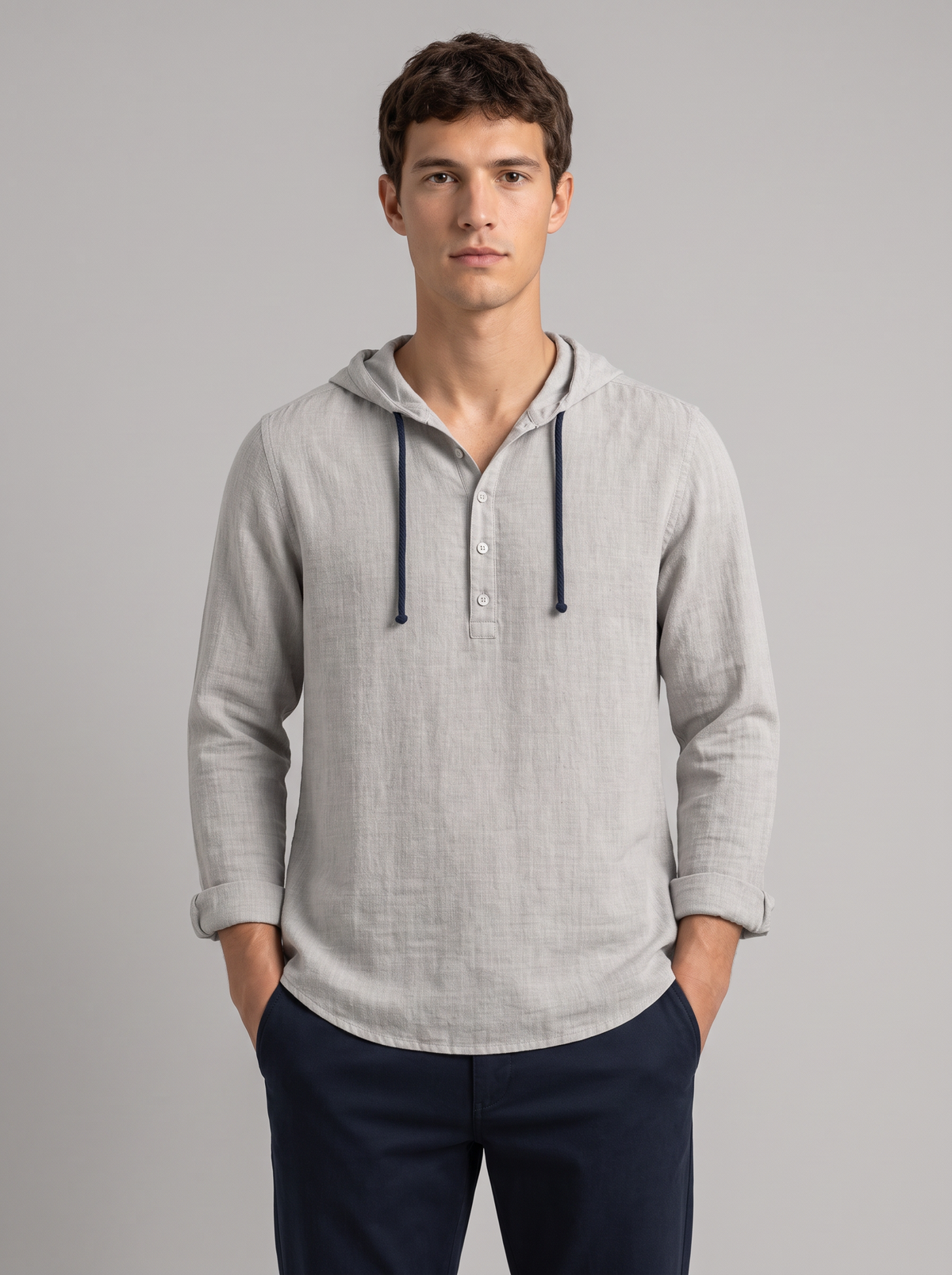 Men's Linen Blend Hooded Henley Shirt – Long Sleeve