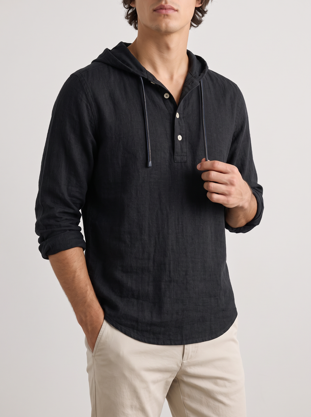 Men's Linen Blend Hooded Henley Shirt – Long Sleeve