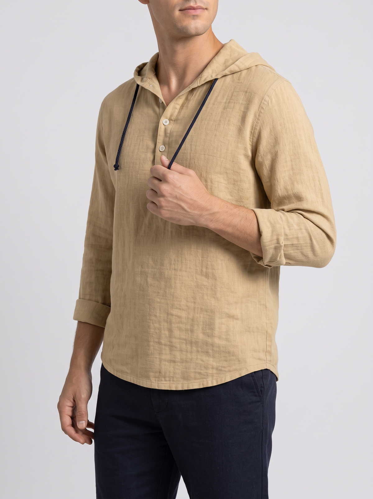 Men's Linen Blend Hooded Henley Shirt – Long Sleeve