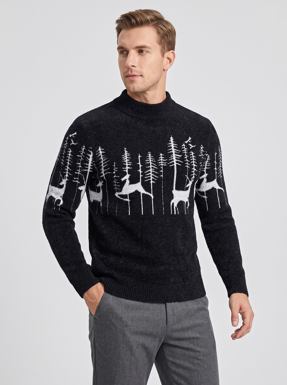 Men's Reindeer Christmas Jumper – Mock Neck Knit