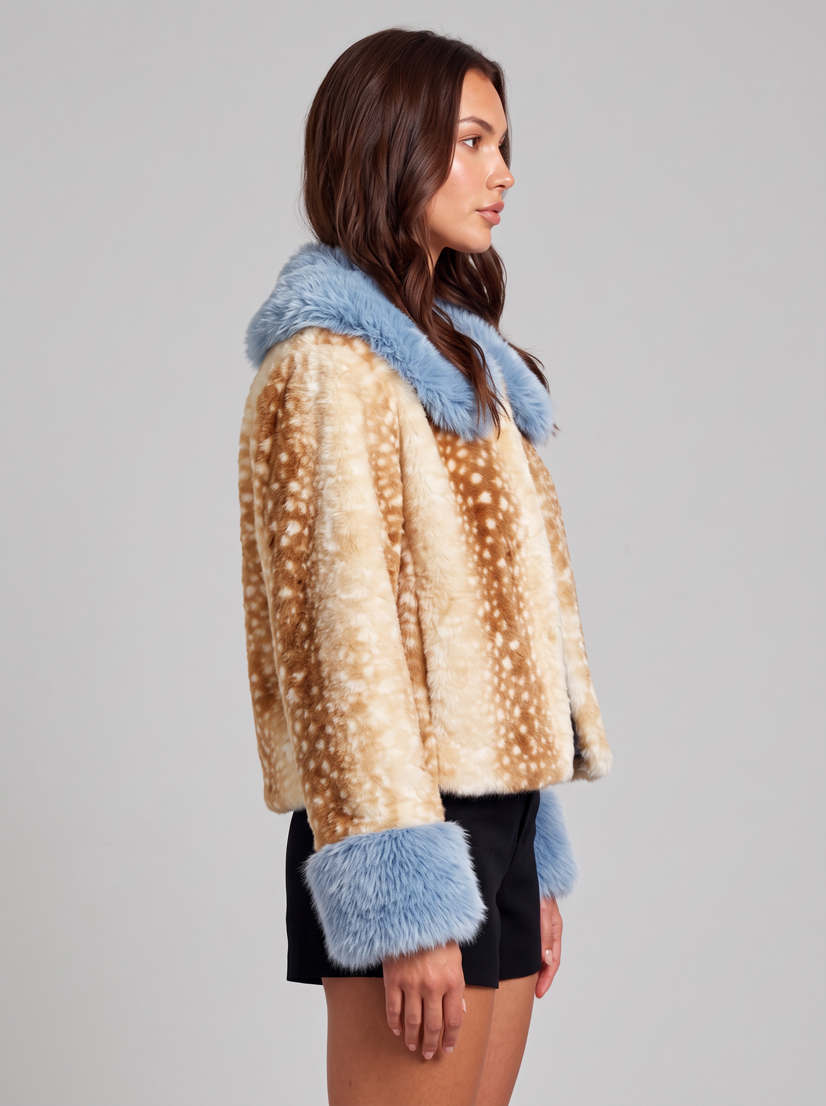 Women's Cropped Faux Fur Jacket – Fawn Print & Blue Trim