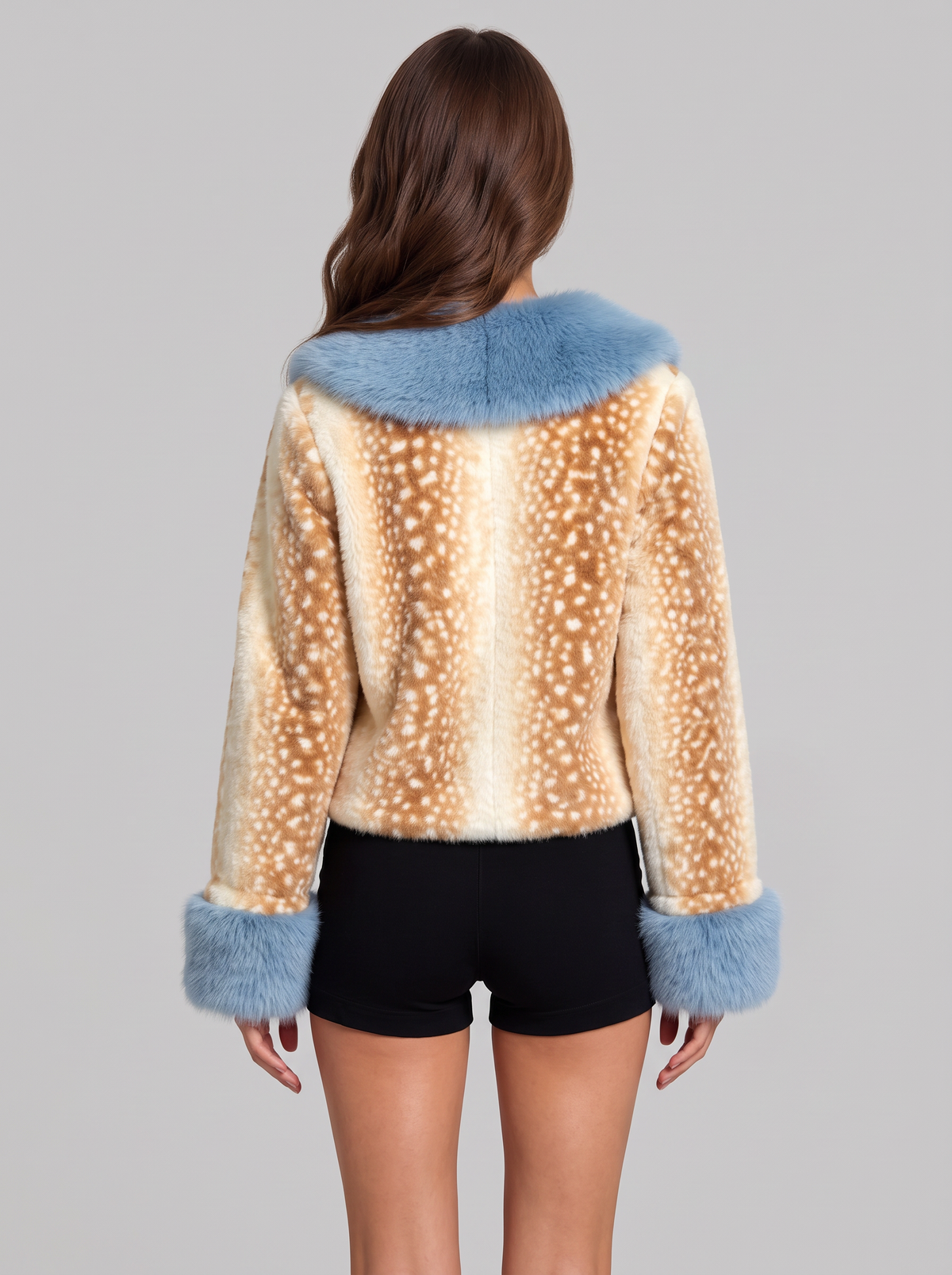 Women's Cropped Faux Fur Jacket – Fawn Print & Blue Trim