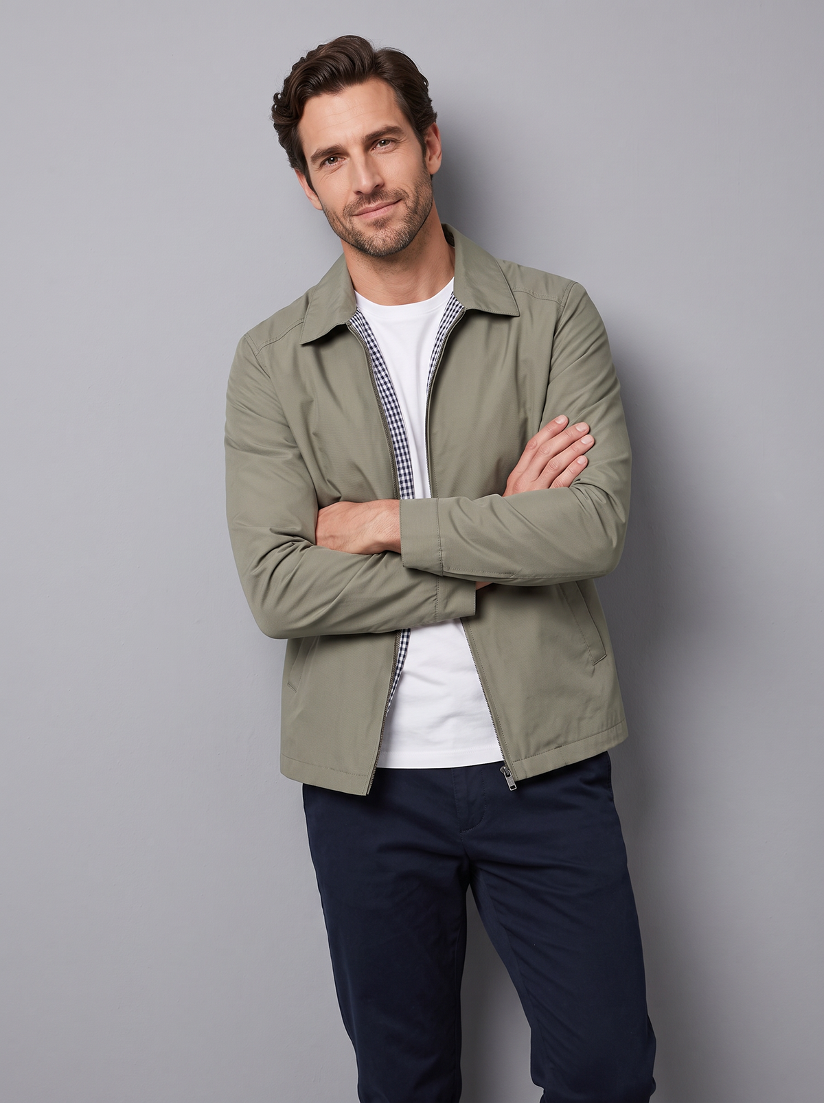 Men's Harrington Jacket – Lightweight Cotton Zip Jacket with Check Lining