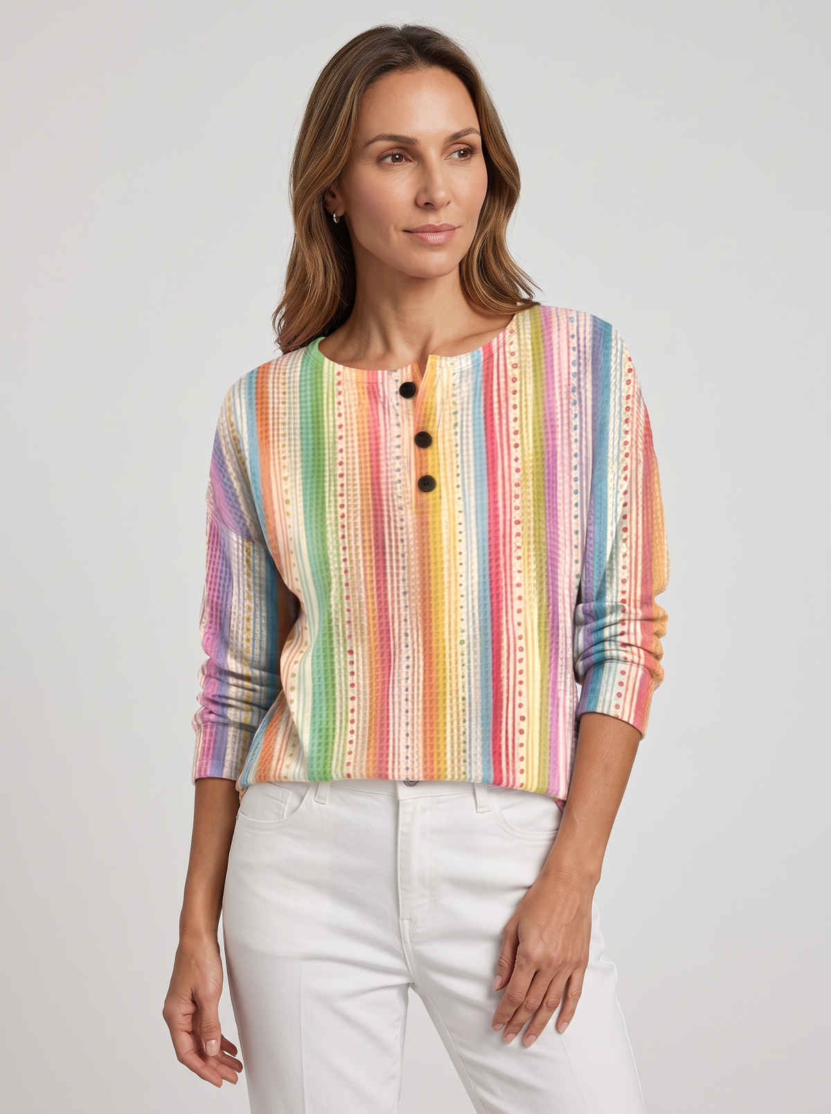 Women's Waffle Knit Henley Jumper – Relaxed Long Sleeve