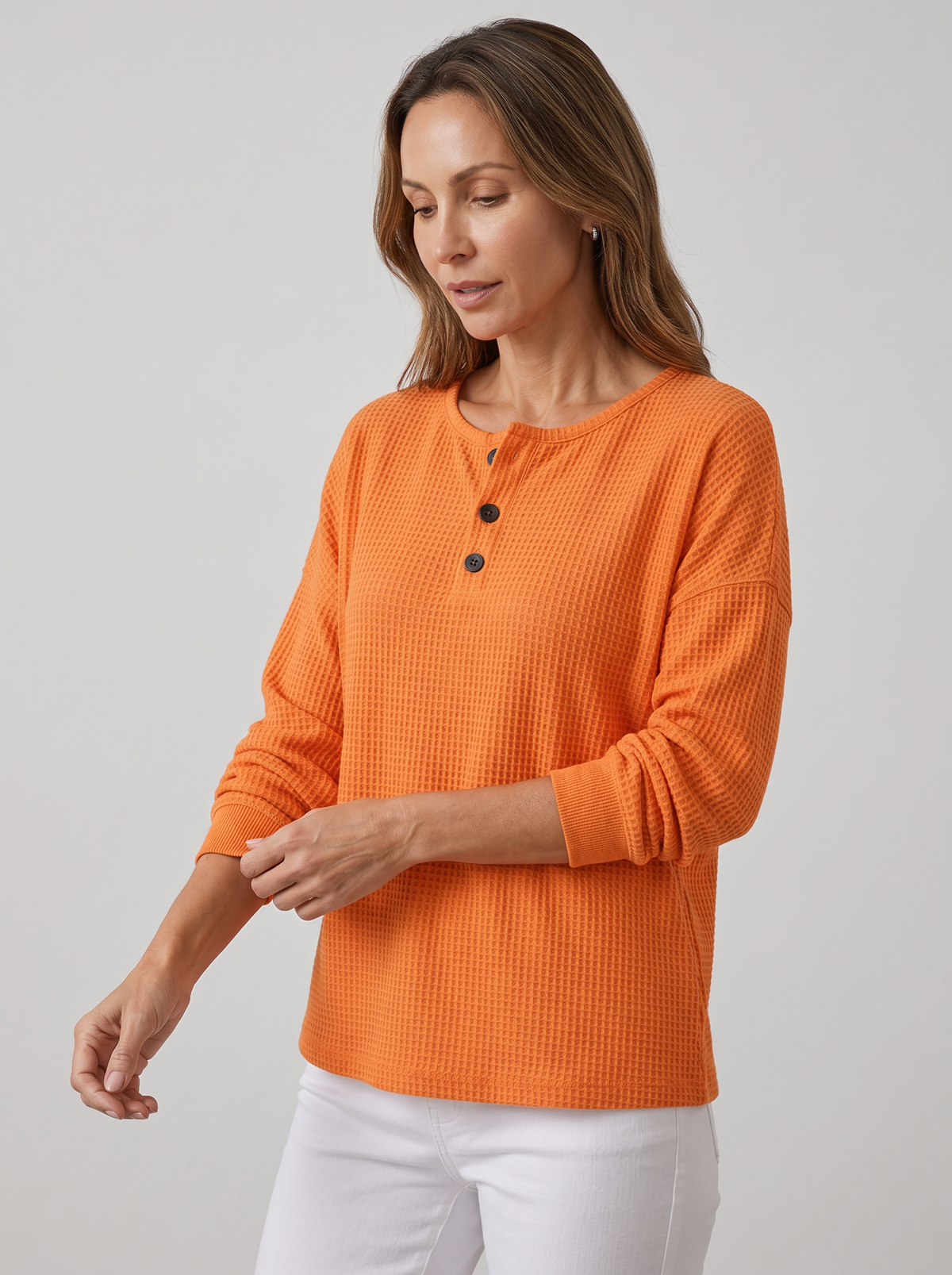 Women's Waffle Knit Henley Jumper – Relaxed Long Sleeve