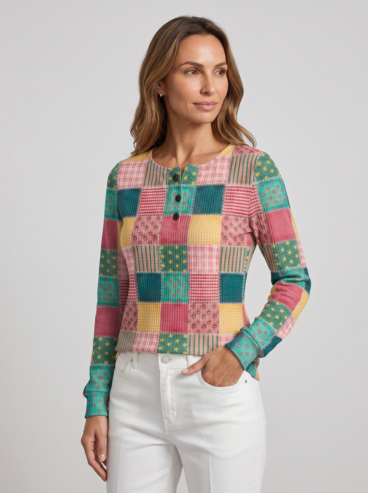 Women's Waffle Knit Henley Jumper – Relaxed Long Sleeve