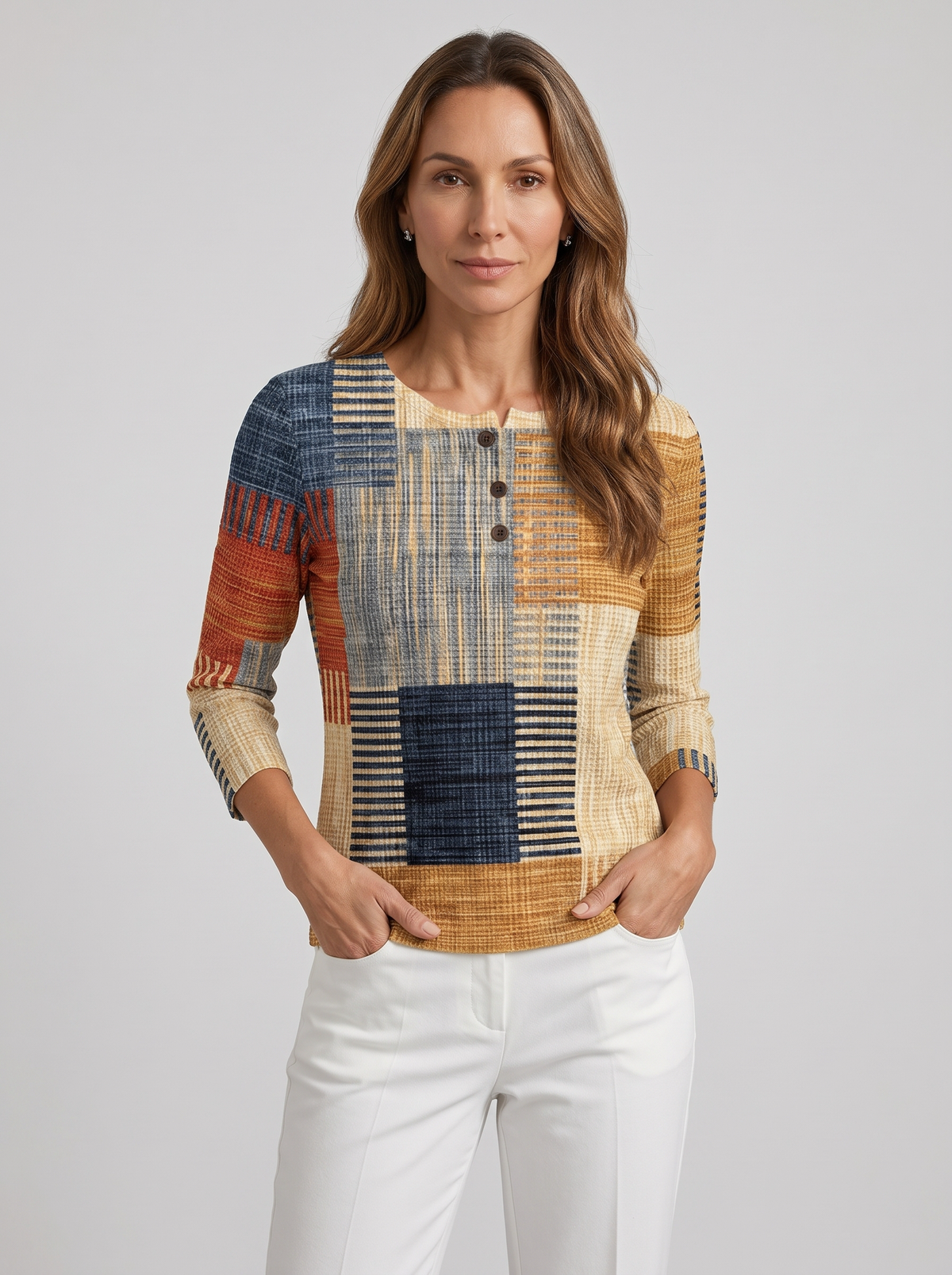 Women's Waffle Knit Henley Jumper – Relaxed Long Sleeve