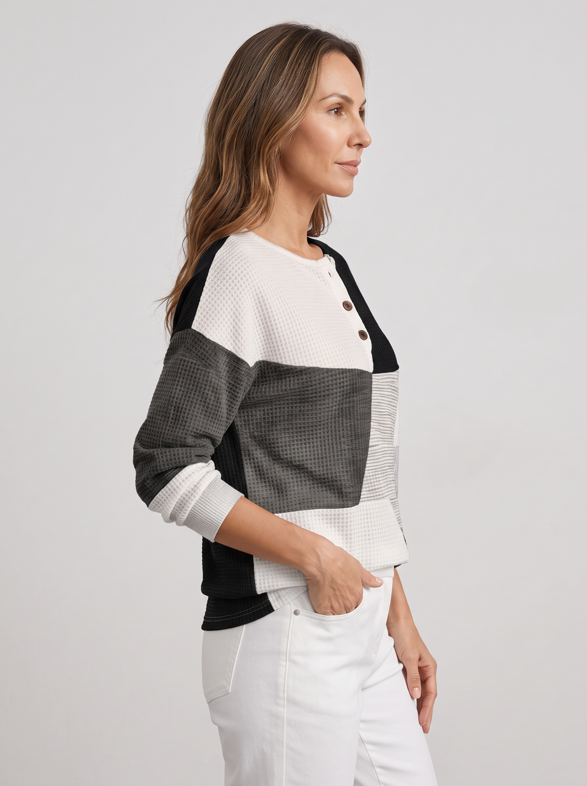 Women's Waffle Knit Henley Jumper – Relaxed Long Sleeve