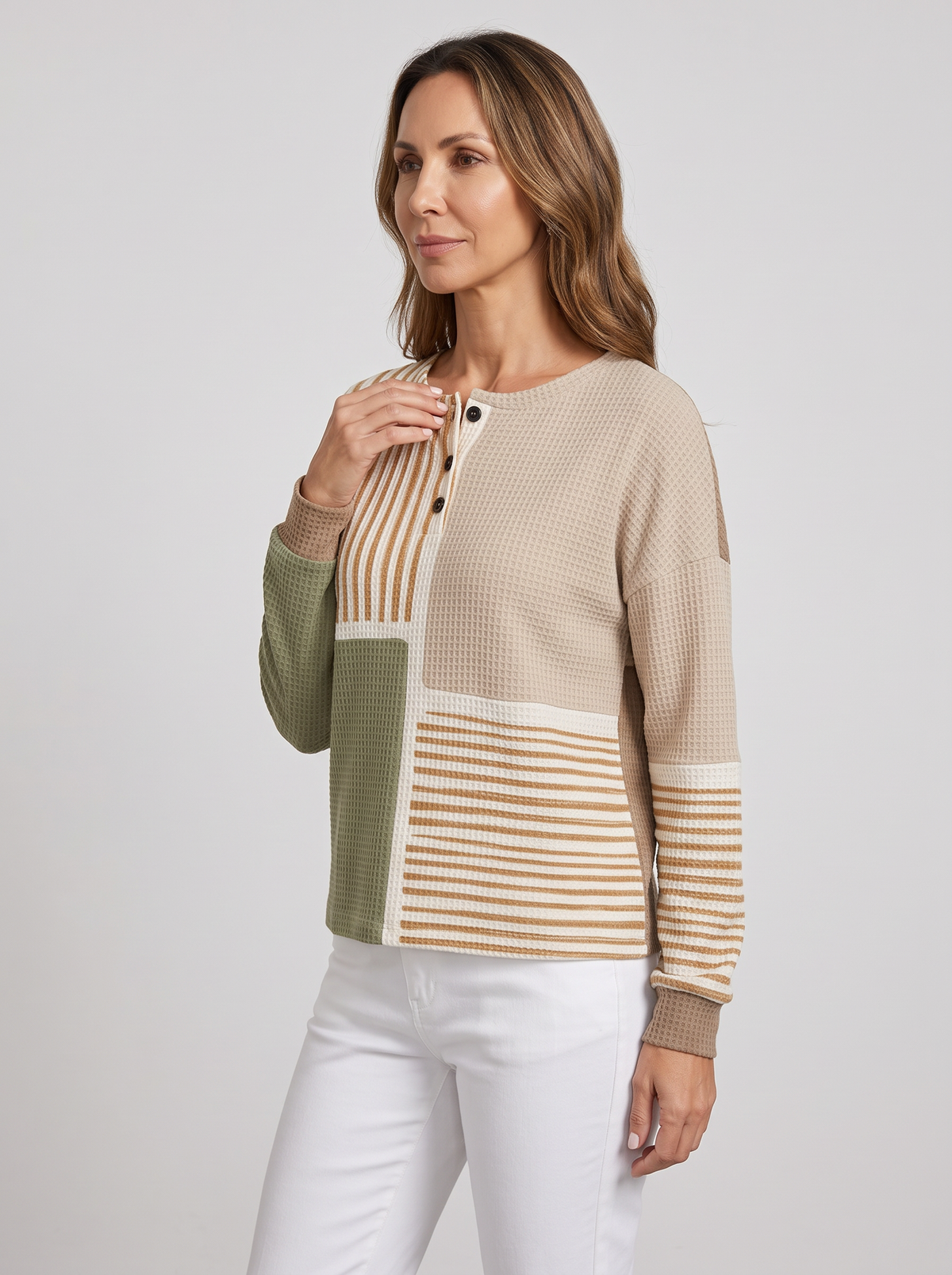 Women's Waffle Knit Henley Jumper – Relaxed Long Sleeve